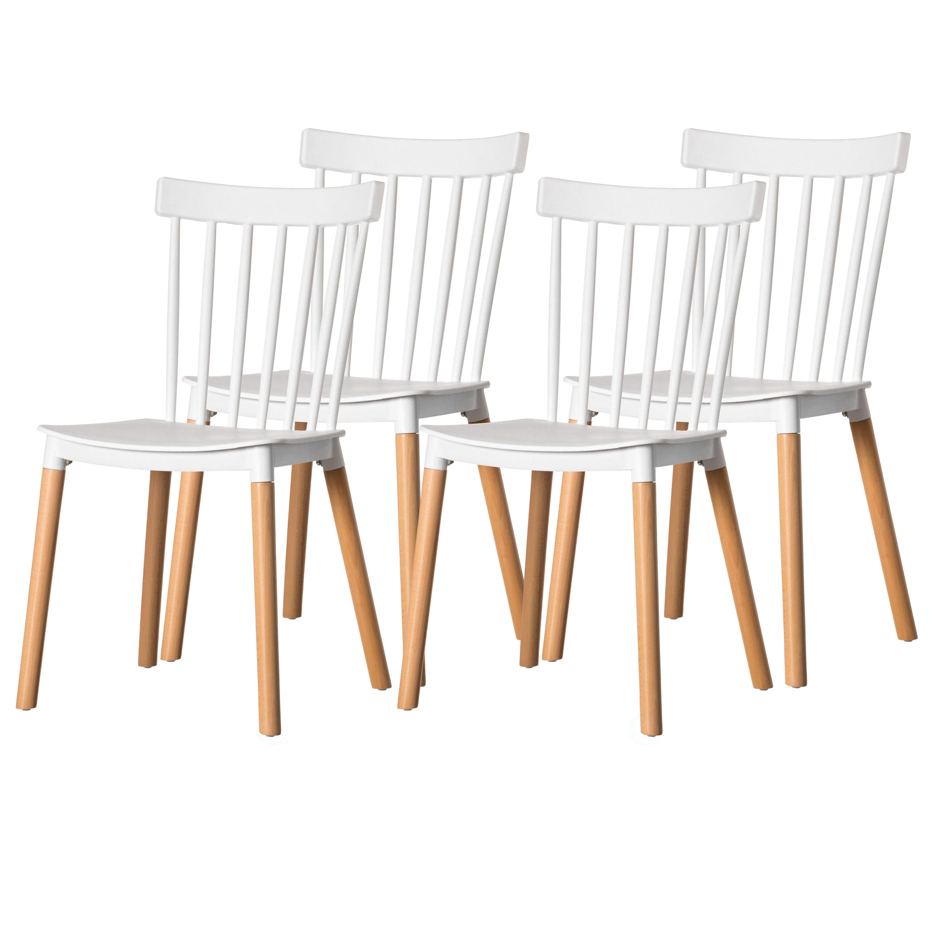 Modern Plastic Dining Chair Windsor Design with Beech Wood Legs, White Set of 4