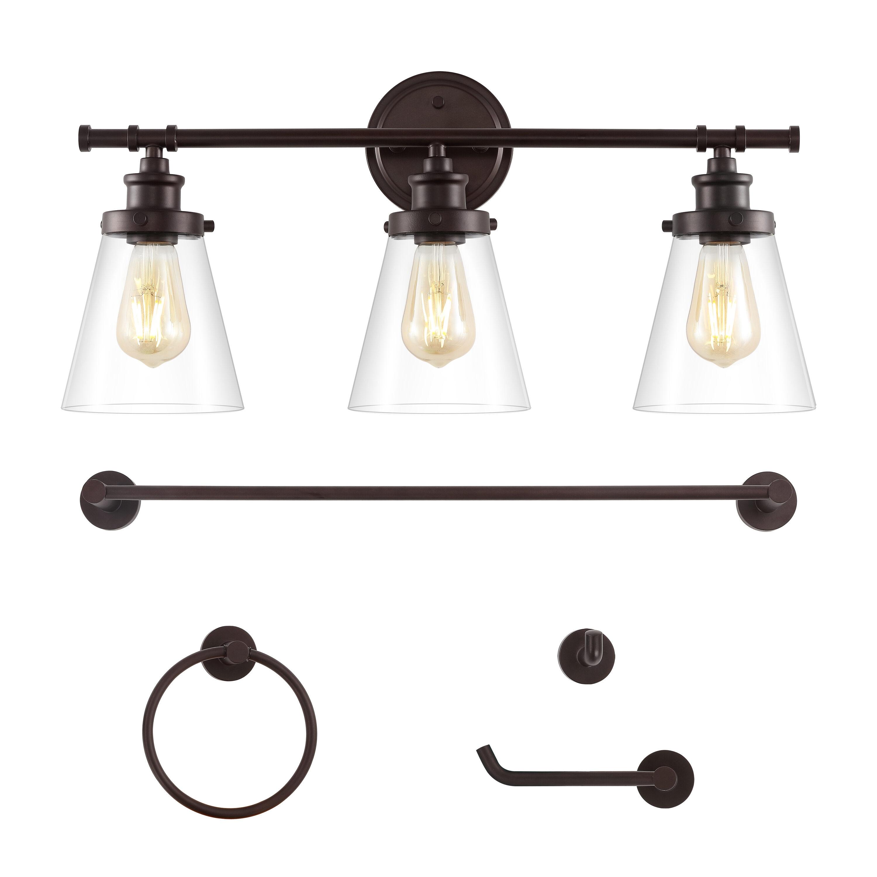 Hollis 23.75" 3-Light Traditional Farmhouse Vanity Light with Bathroom Hardware Accessory Set, Oil Rubbed Bronze (5-Piece)