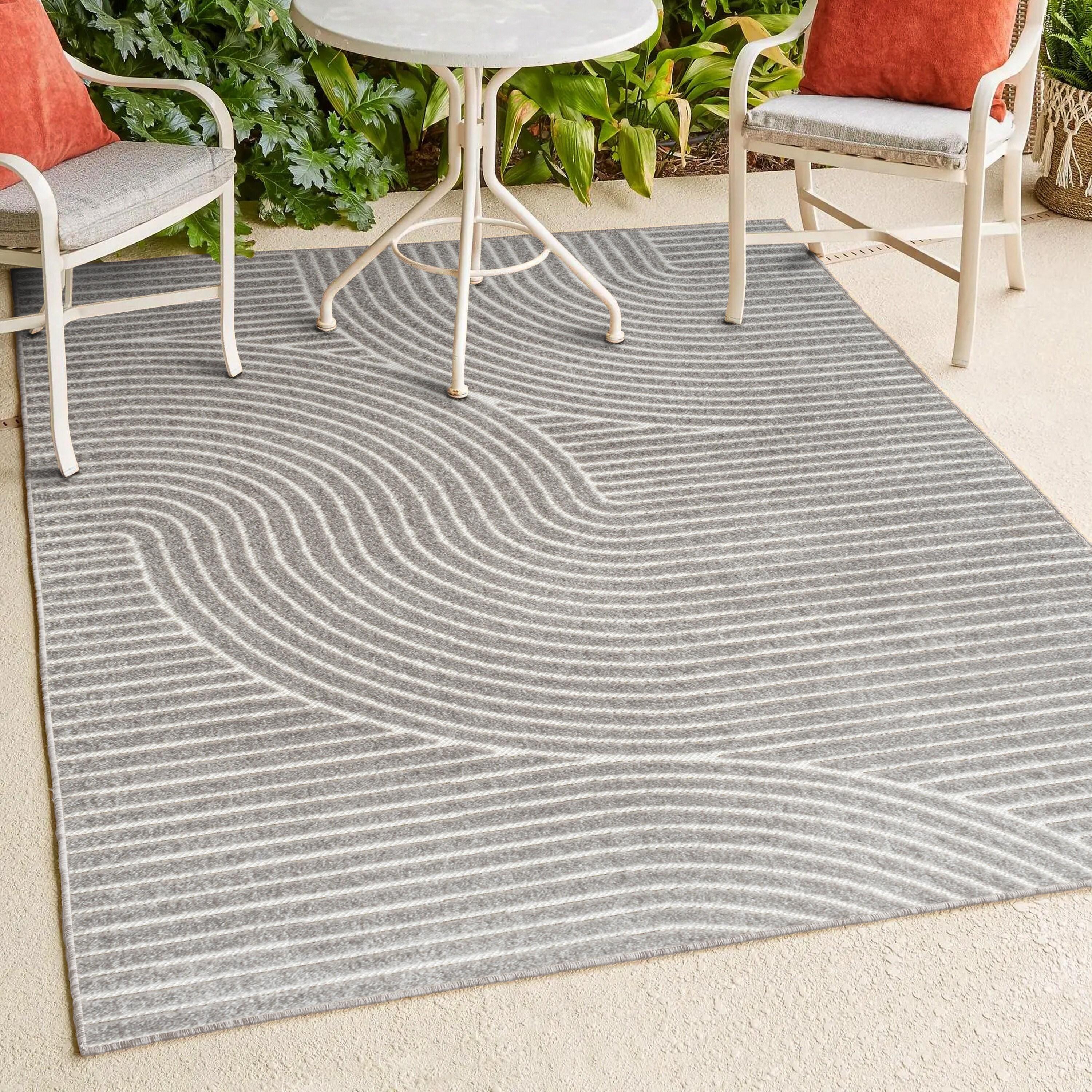 JONATHAN Y Skagen High-Low Minimalist Curve Geometric Gray/Ivory 5 ft. x 8 ft. Indoor/Outdoor Area Rug