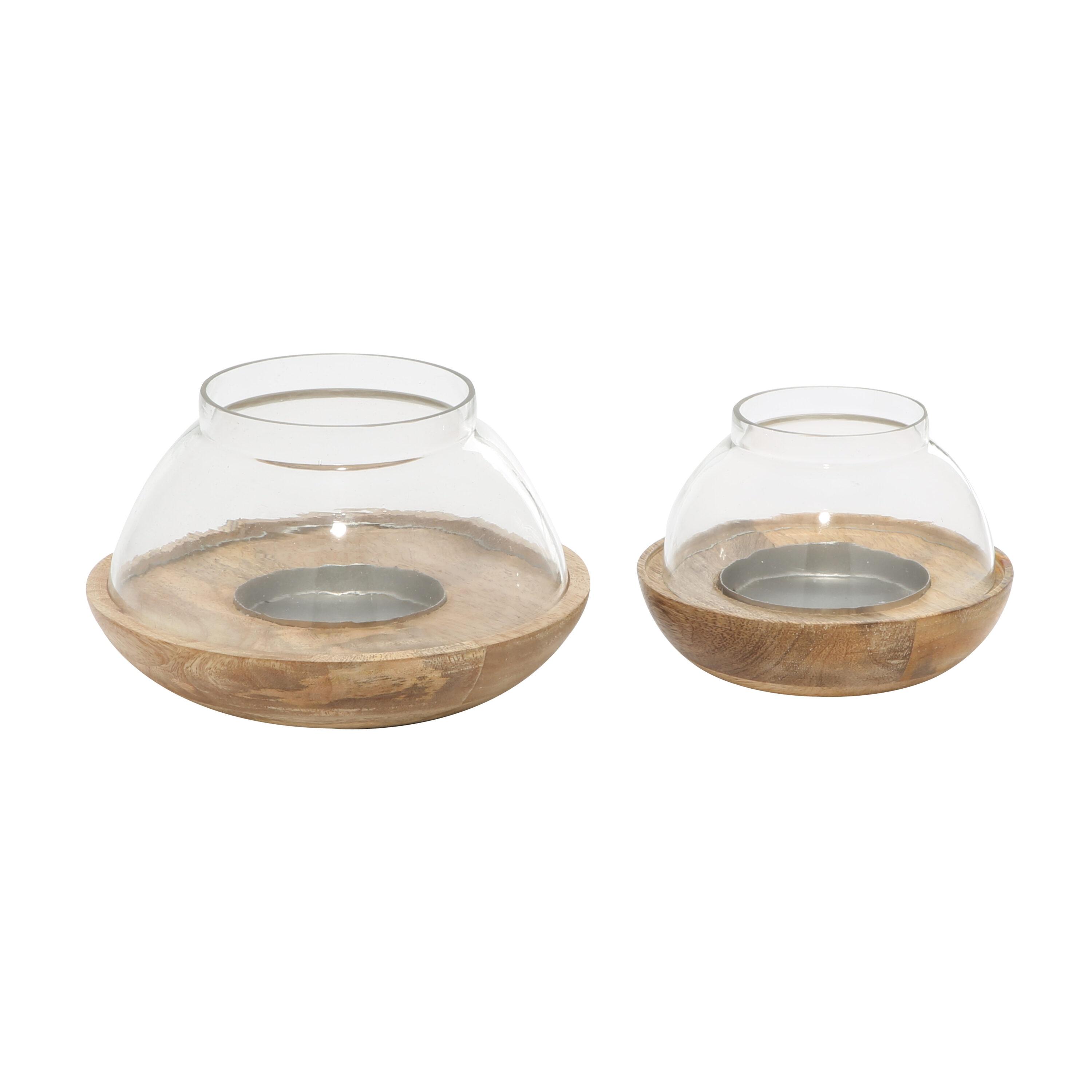 DecMode 2-Slot Brown Wood Tealight Hurricane Lamp, Set of 2