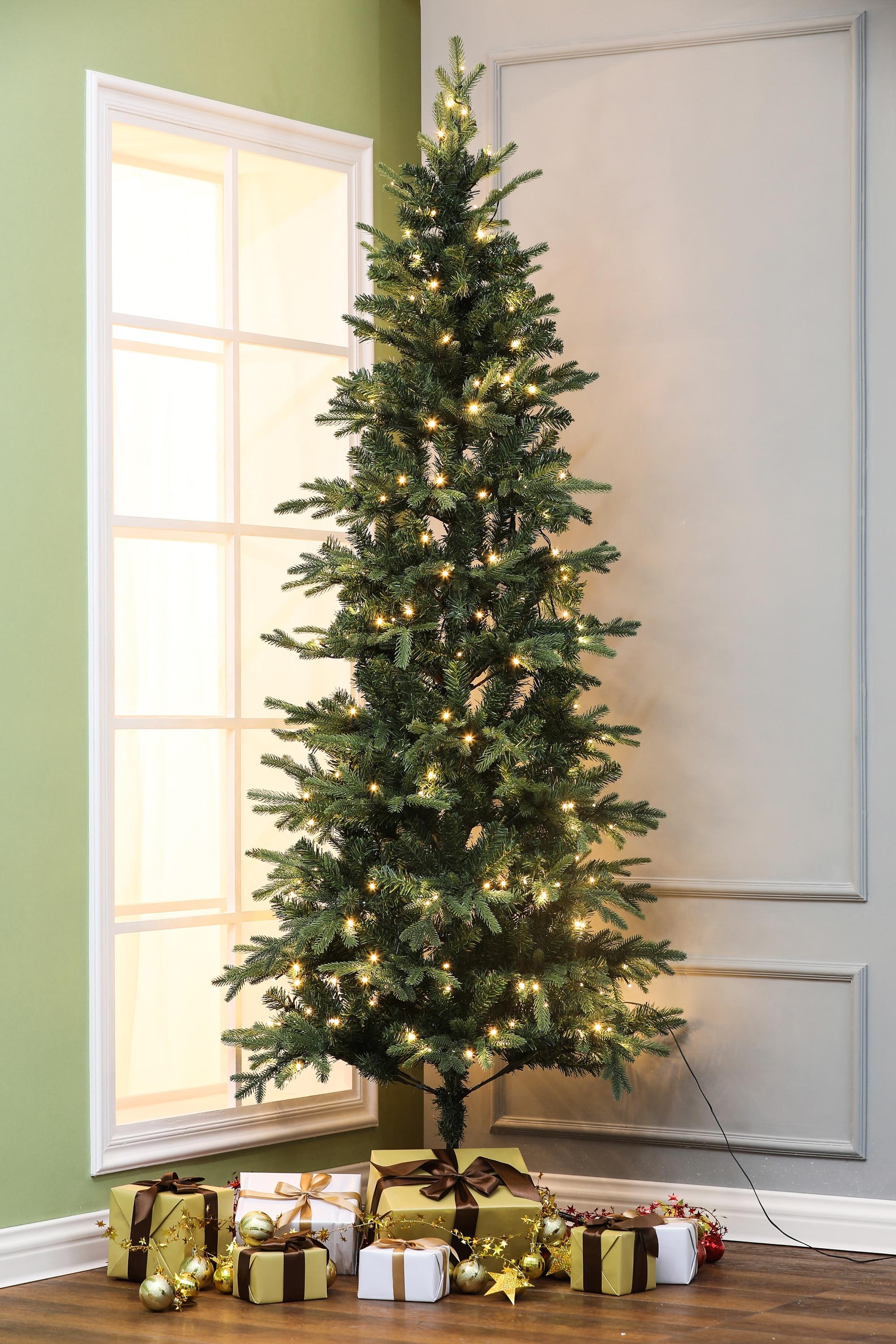 LuxenHome 7.1Ft Christmas Tree, Pre-Lit Tall Slim Fir Artificial Christmas Tree with Metal Stand, Skinny Christmas Tree with LED Light Green