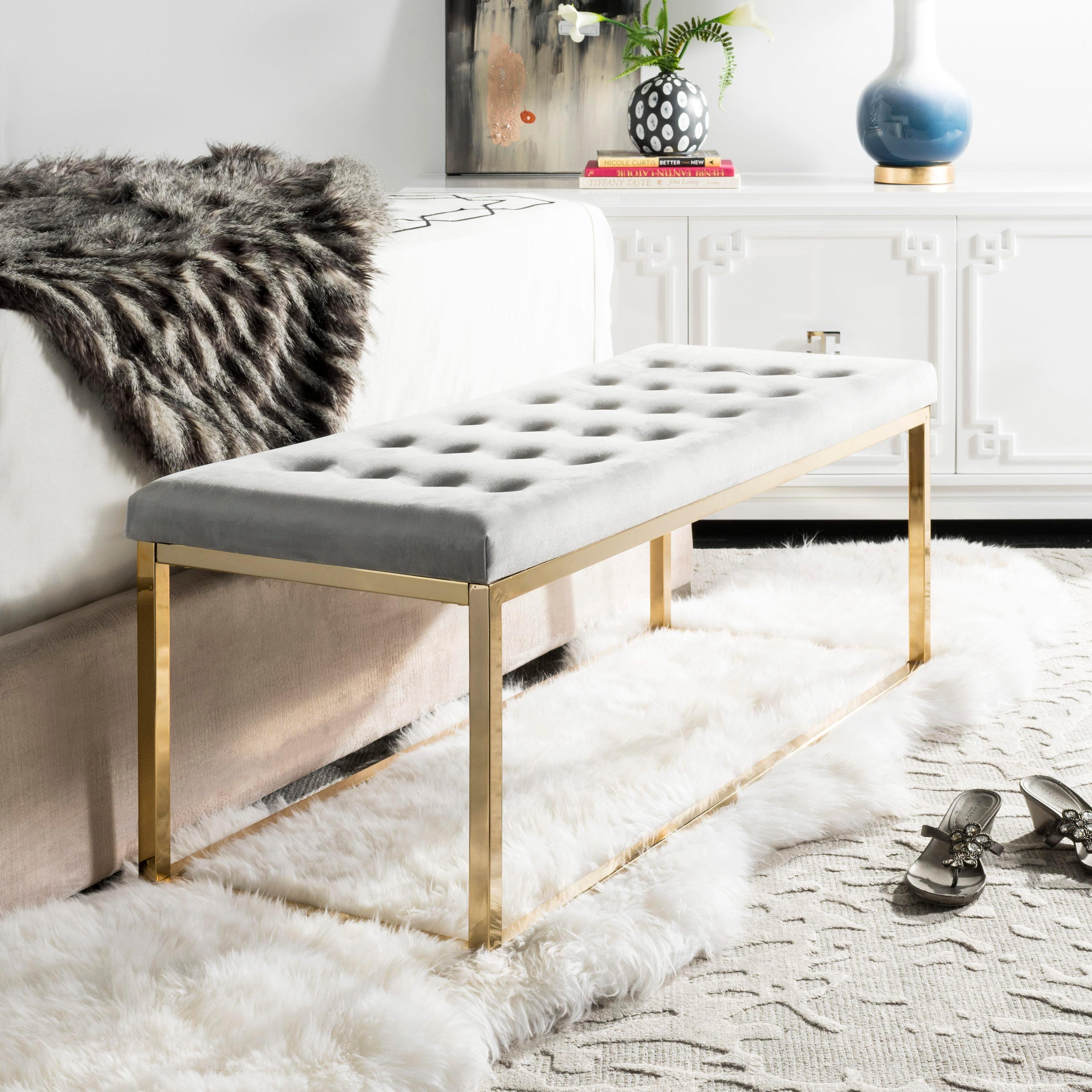 Reynolds Velvet Bench - Grey Velvet/Brass - Safavieh