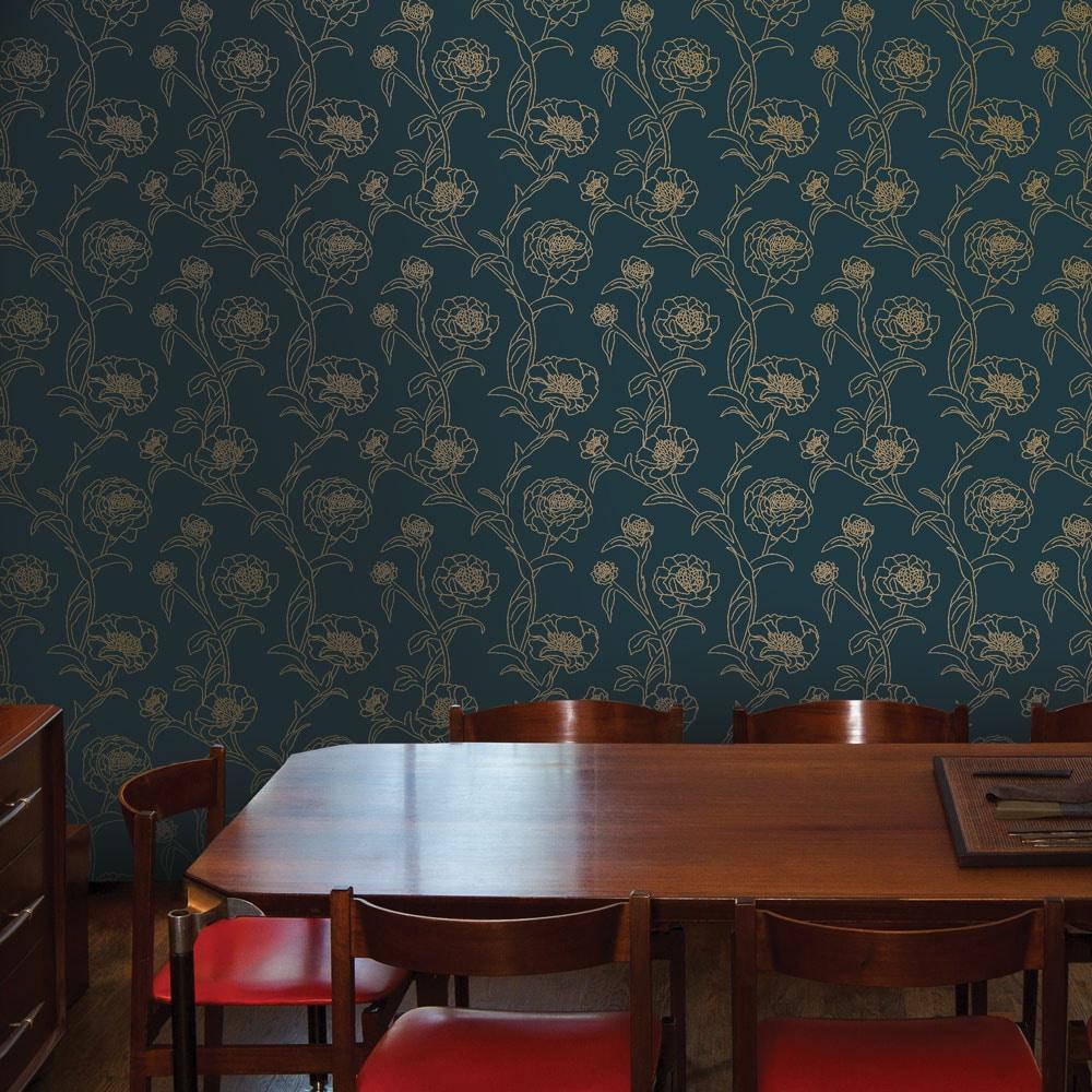 Tempaper & Co.® Peonies Removable Peel and Stick Wallpaper, Peacock Blue and Metallic Gold Floral, 28 sq. ft.: Vinyl Self-Adhesive