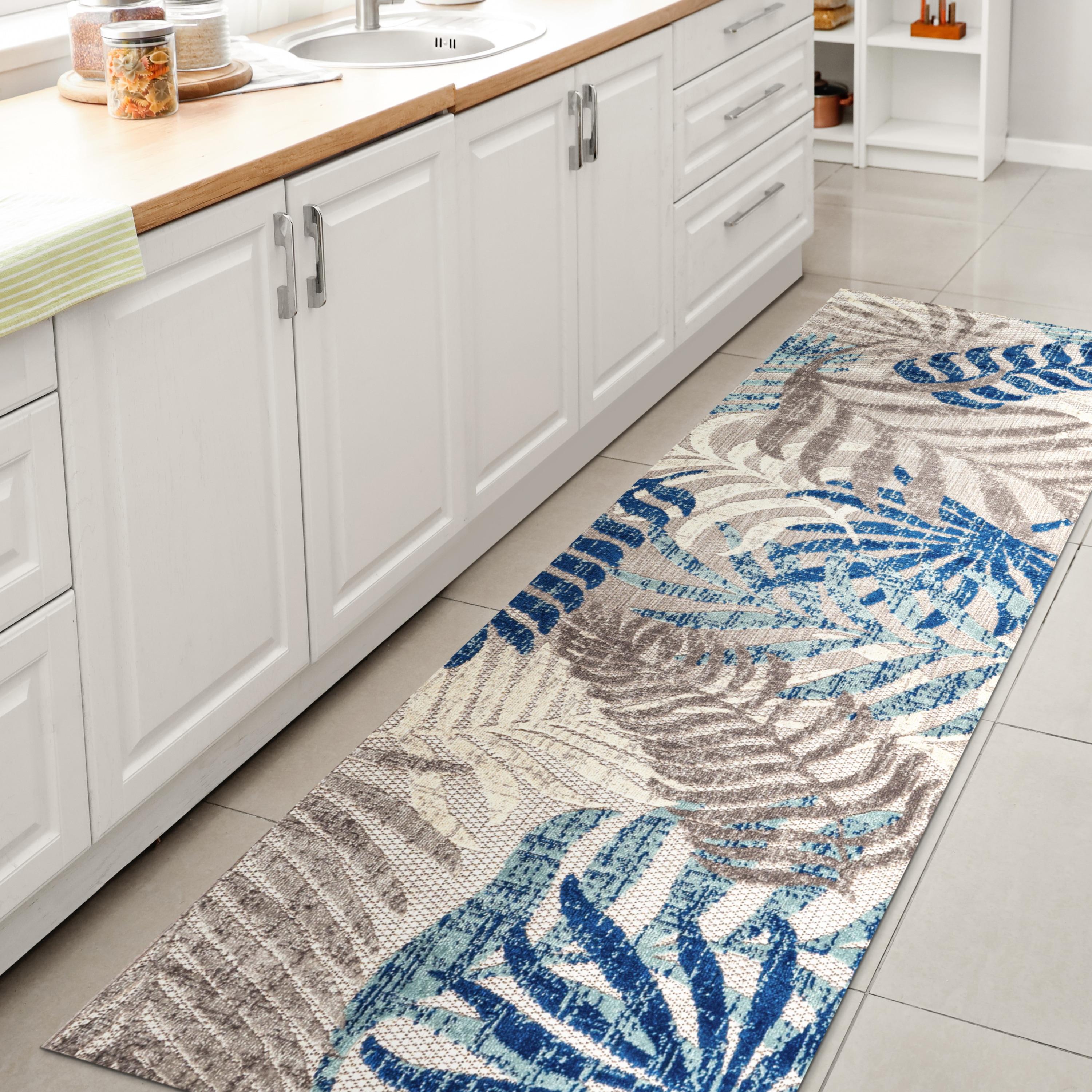 JONATHAN Y Tropics Palm Leaves Indoor/Outdoor Gray/Blue 2 ft. x 8 ft. Runner Rug