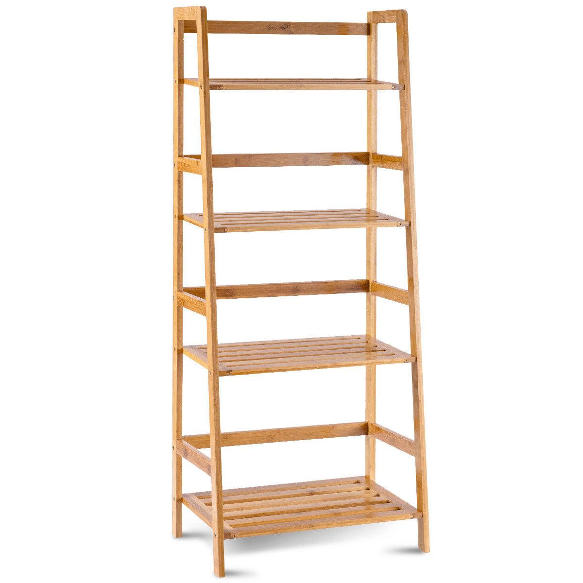 Costway Multifunctional 4 Shelf Bamboo Bookcase Ladder Plant Flower Stand Rack Storage