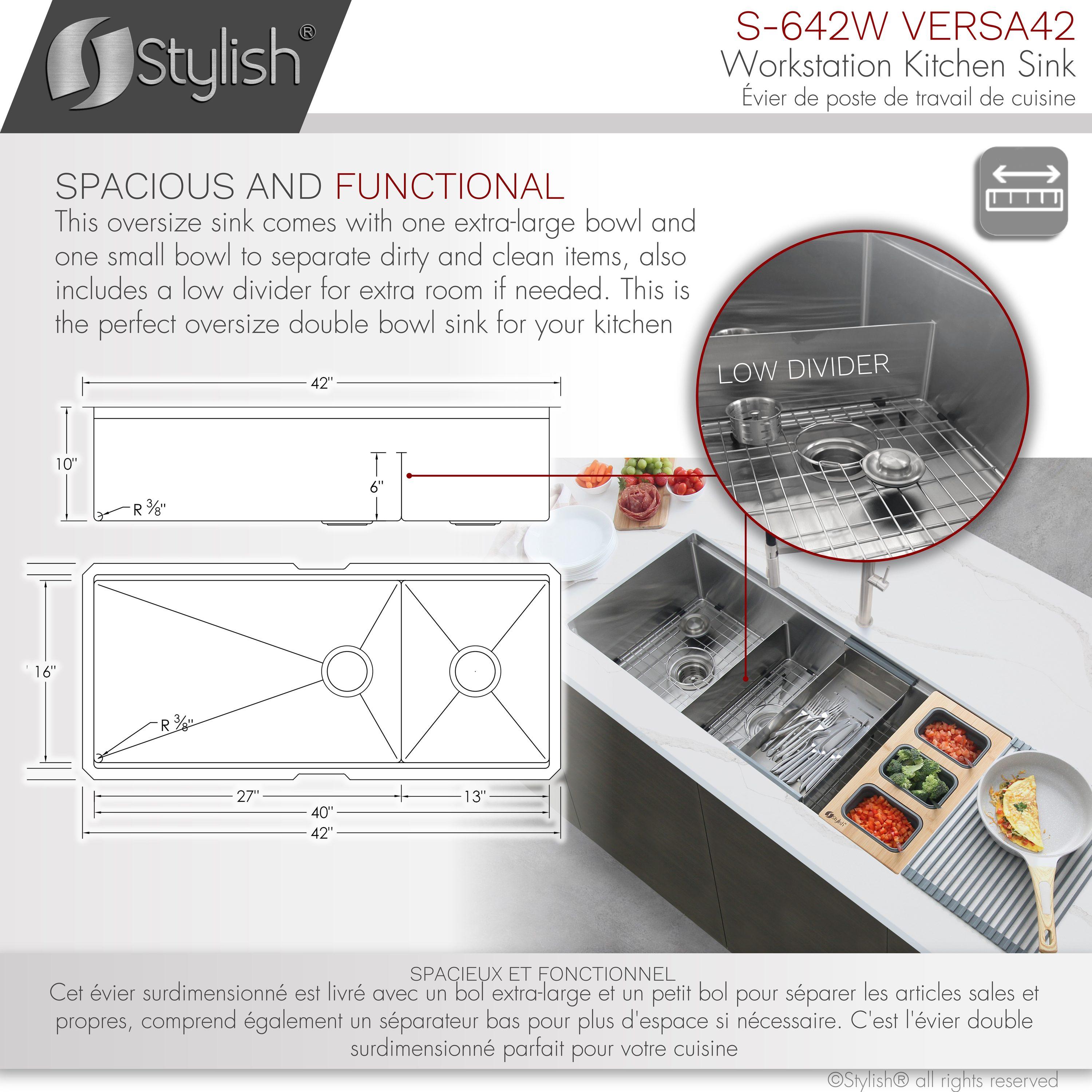 Versa STYLISH 42 inch Stainless Steel Workstation 70/30 Double Bowl Undermount Kitchen Sink with Accessories included