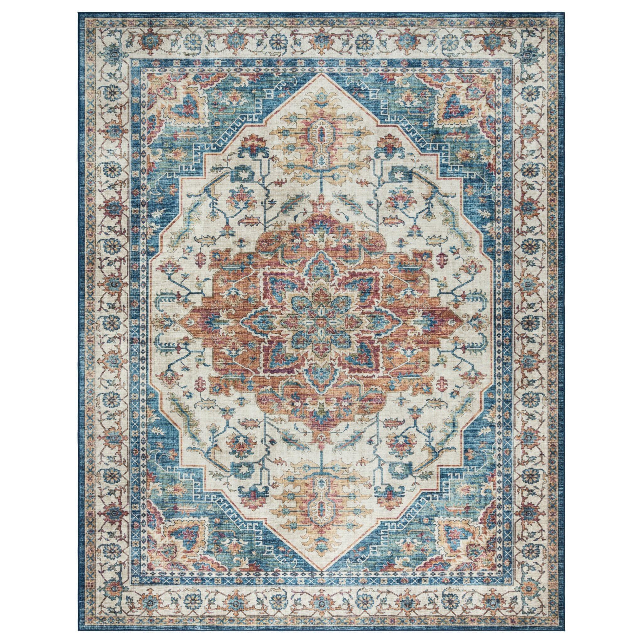 Gertmenian Crystal Print Tiefi Blue Red Multi Traditional Medallion Washable Flat Pile Indoor Area Rug