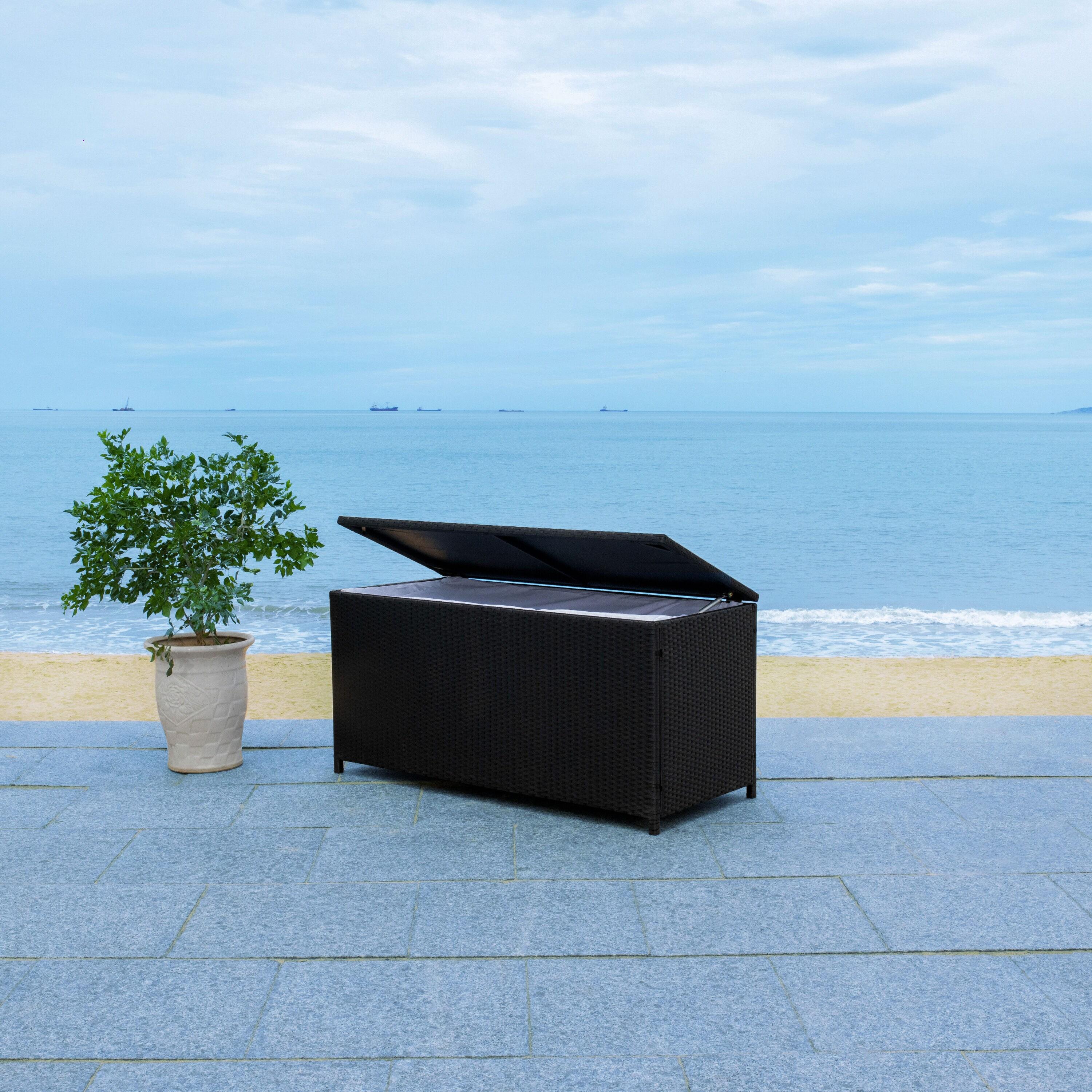 Oliveira Outdoor Cushion Deck Box - Black/White Cushion - Safavieh