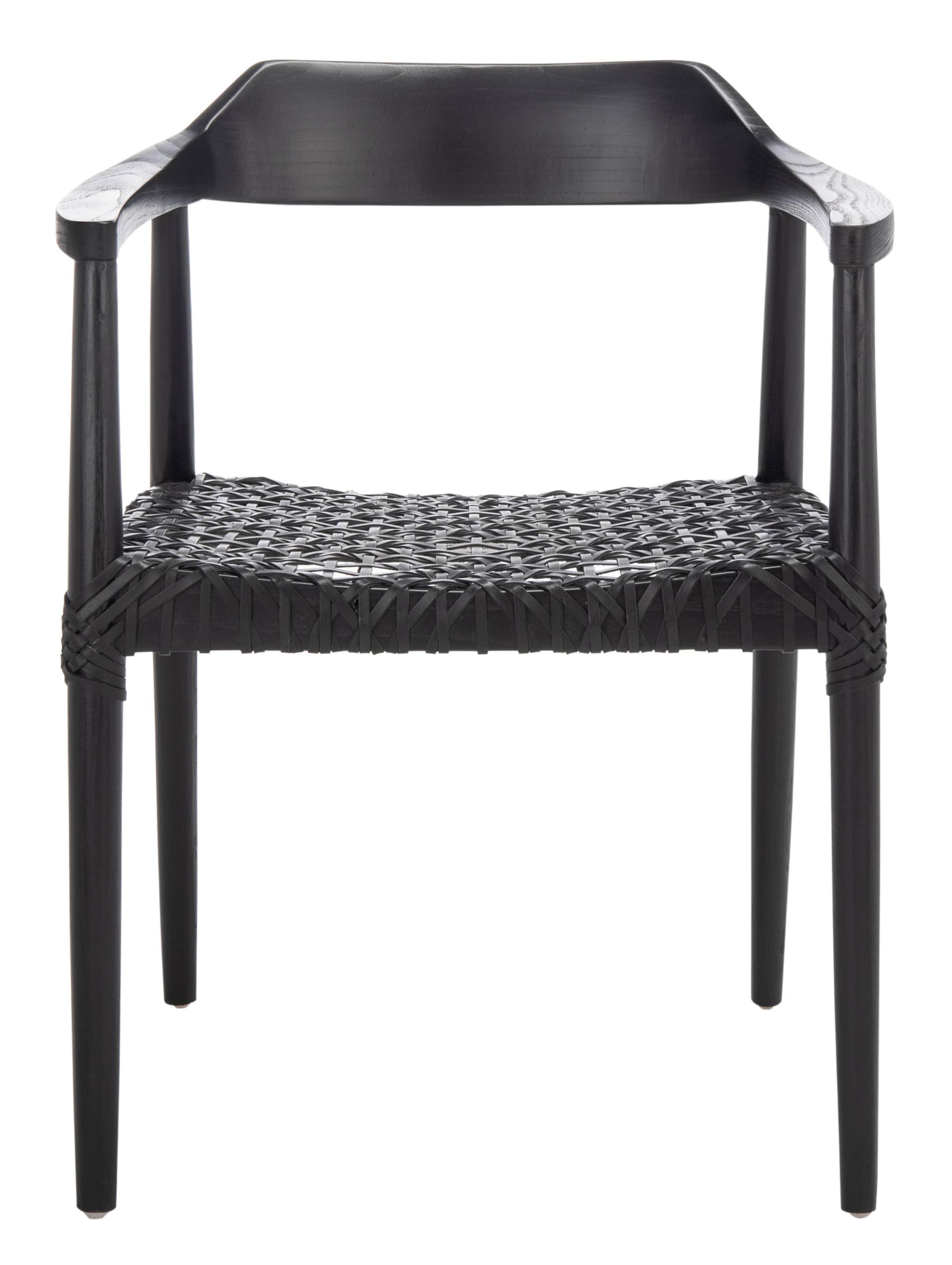 SAFAVIEH Munro Leather Woven Accent Chairs, Black (Sungkai Wood Frame)/Black (Leather Seat) (22 in. W x 20.5 in. D x 28.5 in. H)