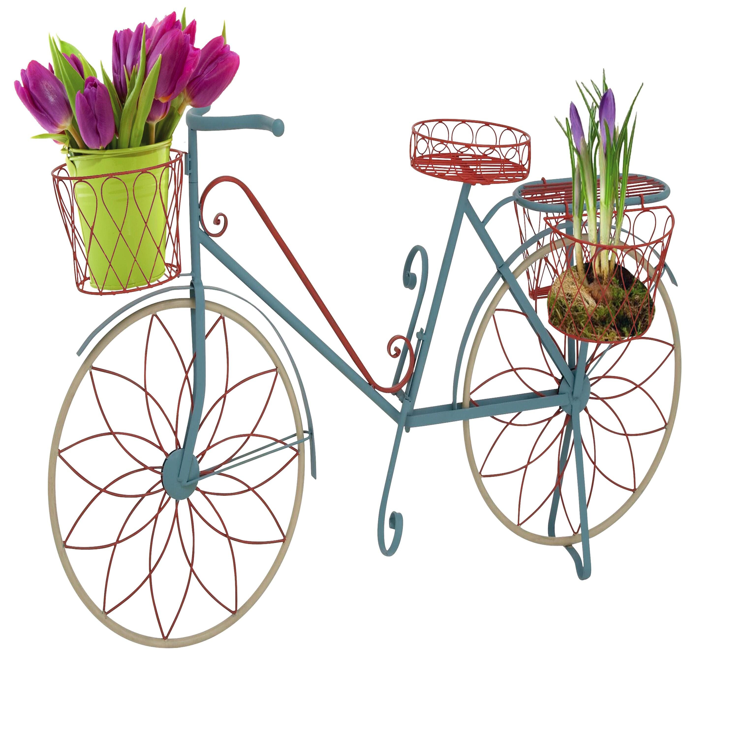 DecMode Vintage Turquoise/Red 3 Tier Bicycle Inspired Metal Plantstand, 54"W x 32"H