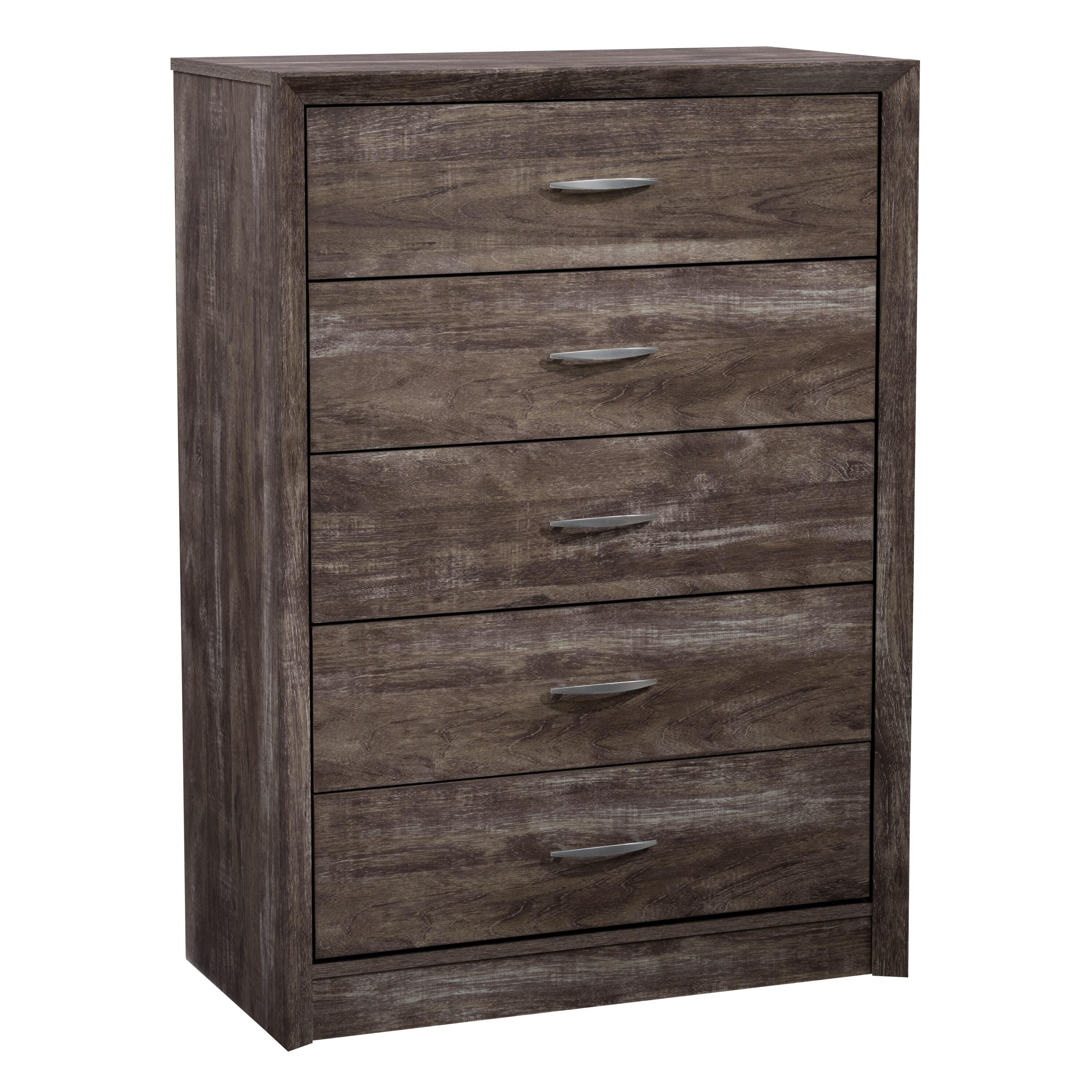 CorLiving Newport Mid Century Modern Brown-Washed Engineered Wood 5-Drawer Tall Dresser for Bedroom - Large, Tall Chest of Drawers - Perfect Bedroom Furniture and Dressers for Clothes Storage