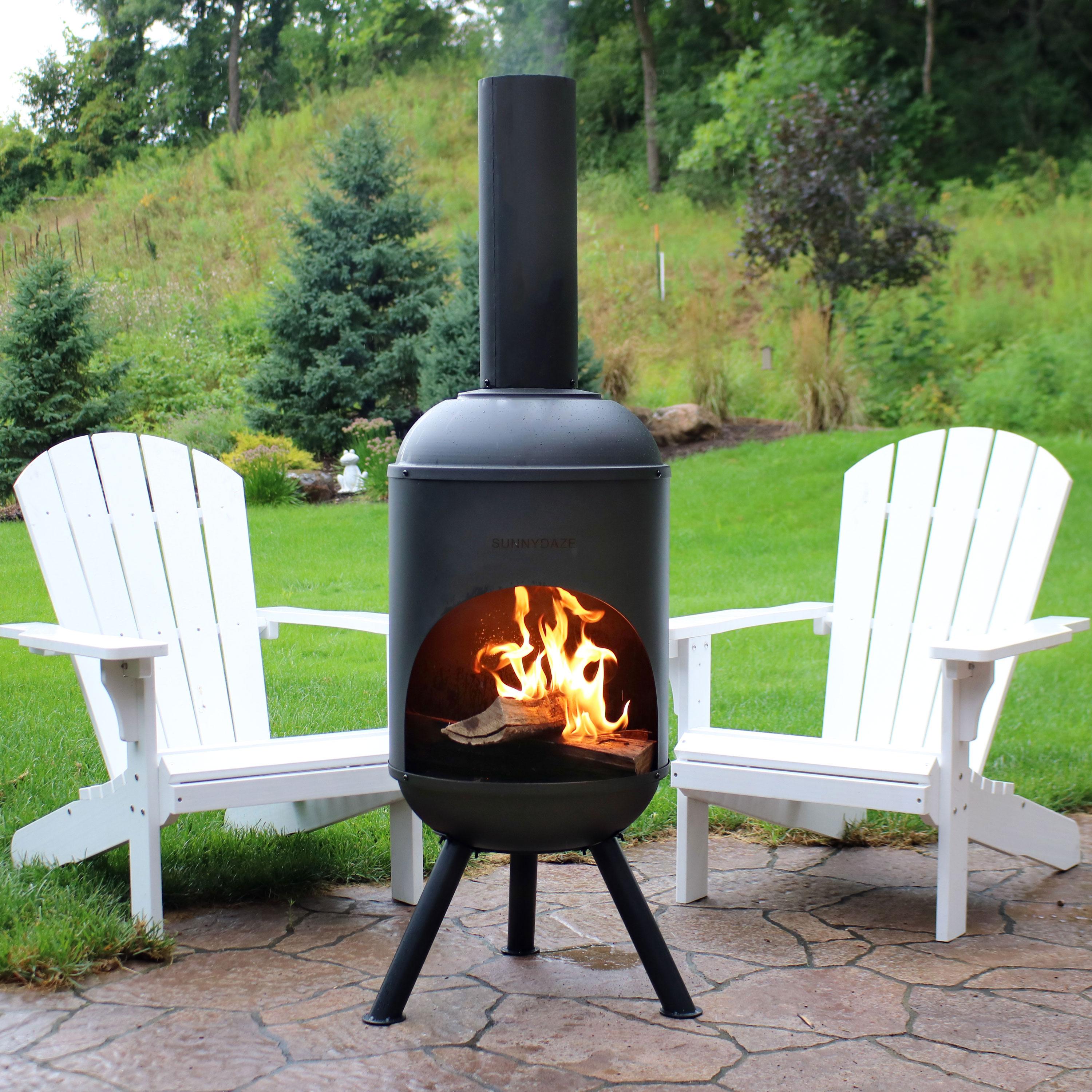 60" Heat-Resistant Black Finish Steel Wood-Burning Chiminea with Wood Grate