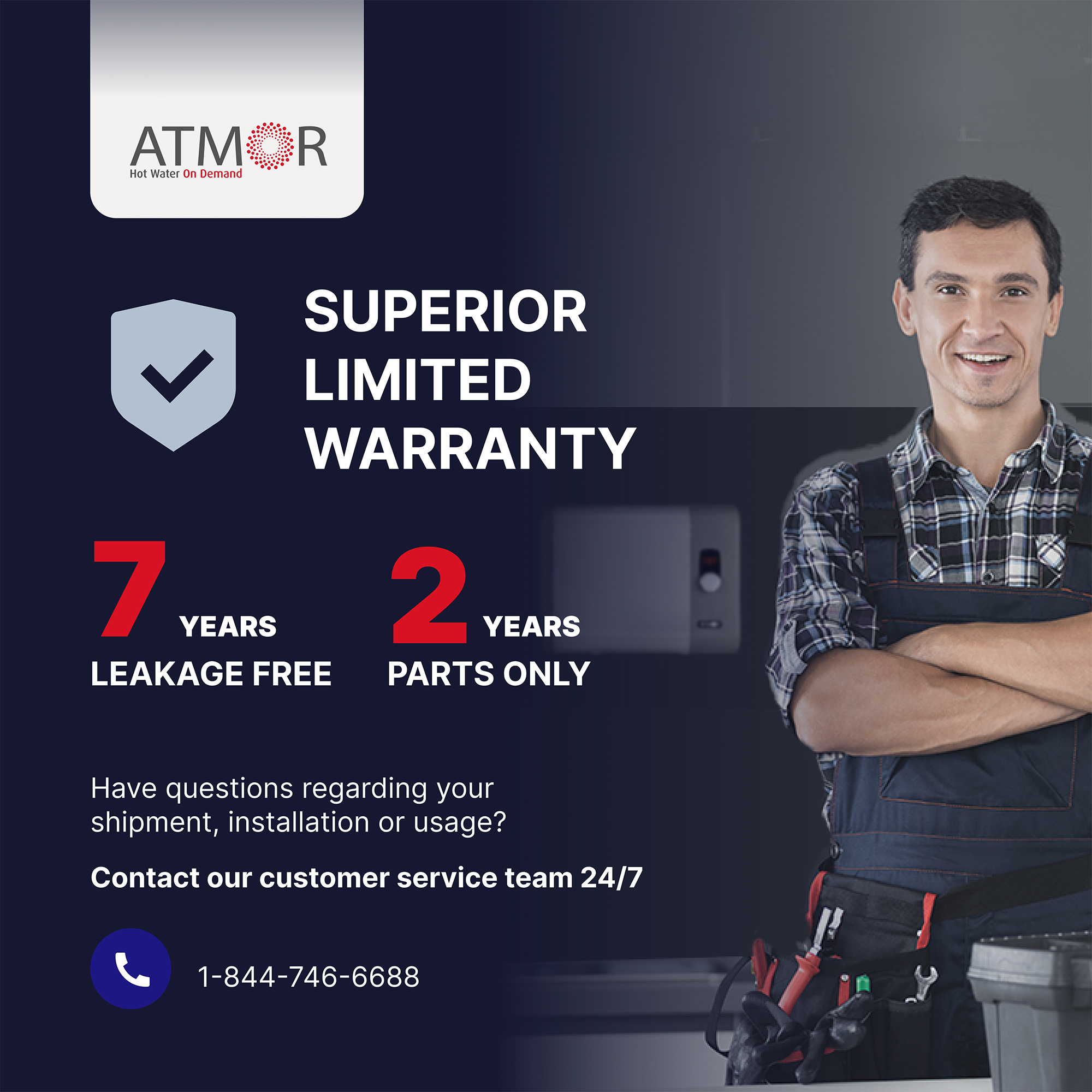 Atmor 24kW 4.65 GPM Electric Tankless Water Heater, ideal for 2 bedroom home, up to 5 simultaneous applications