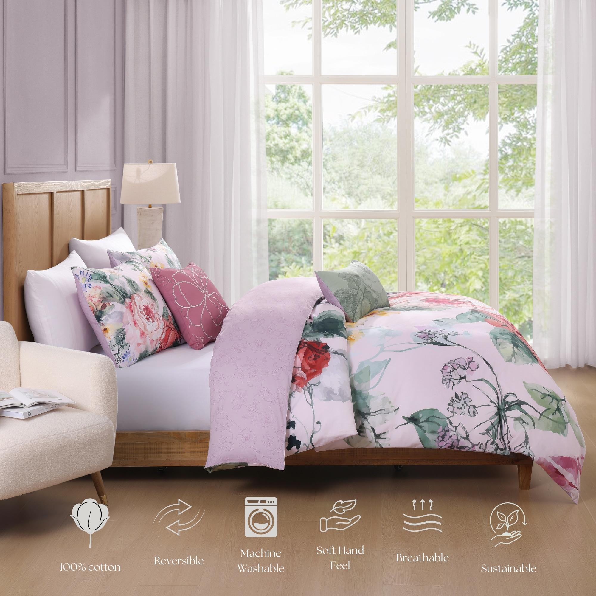 BeBeJan Bebejan Cool Pink Roses 200 Thread Count 100% Cotton Sateen 5-Piece Reversible Comforter Set