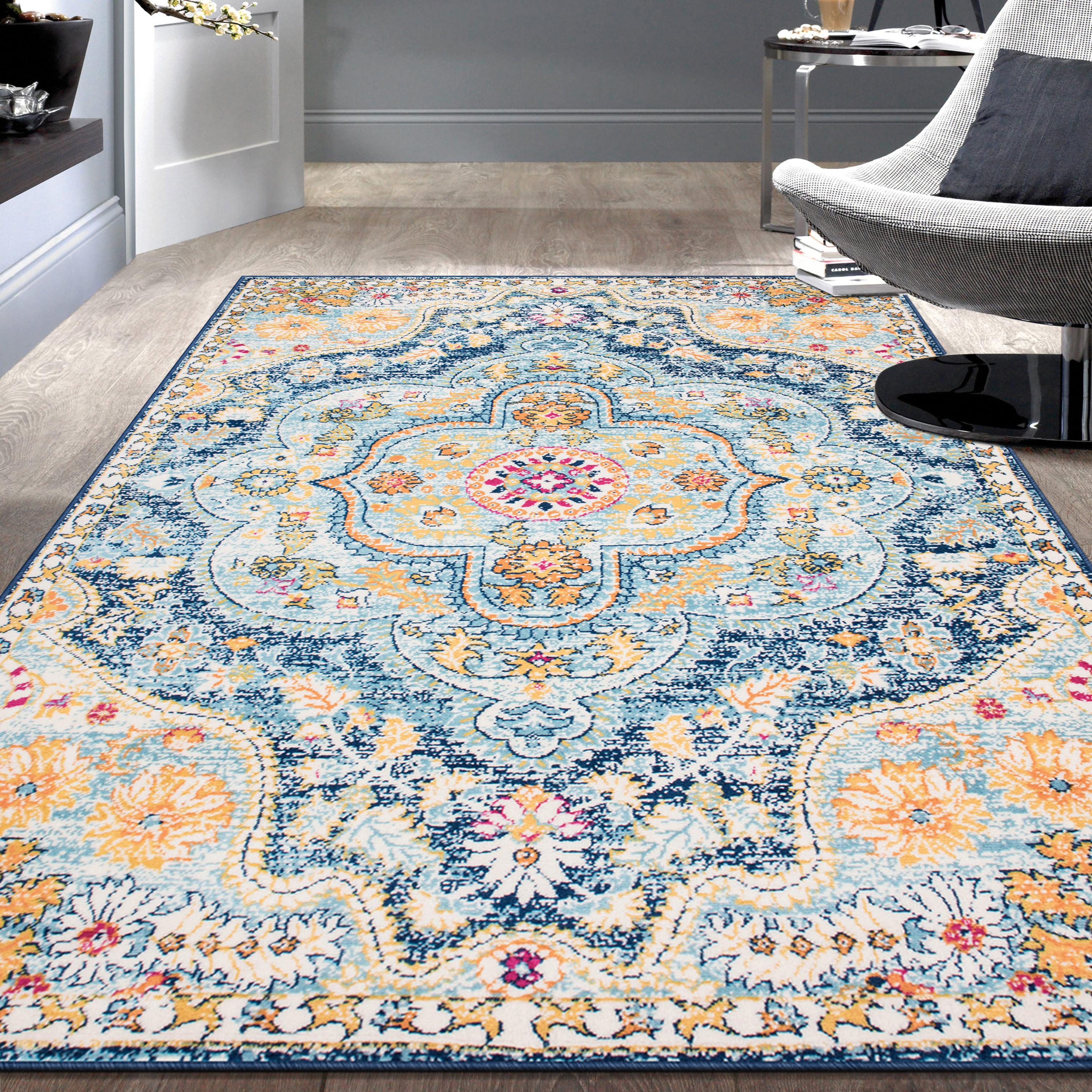 World Rug Gallery Distressed Vintage Bohemian Navy 5' x 7' Area Rug:  Medallion Pattern,  Pet Friendly,  Stain-Resistant,  Low Pile