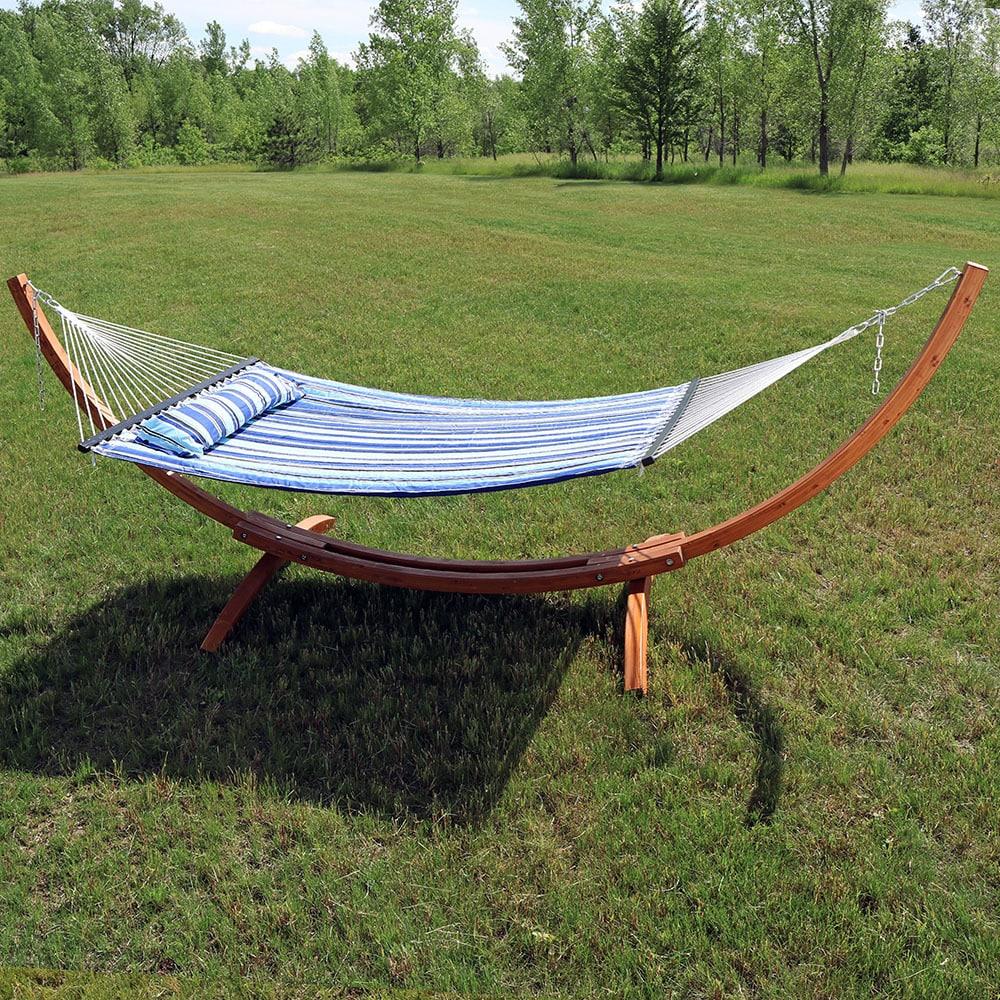 Sunnydaze Quilted Double Fabric 2-Person Hammock with Curved Arc Wood Stand - 400 lb Weight Capacity/12' Stand - Catalina Beach