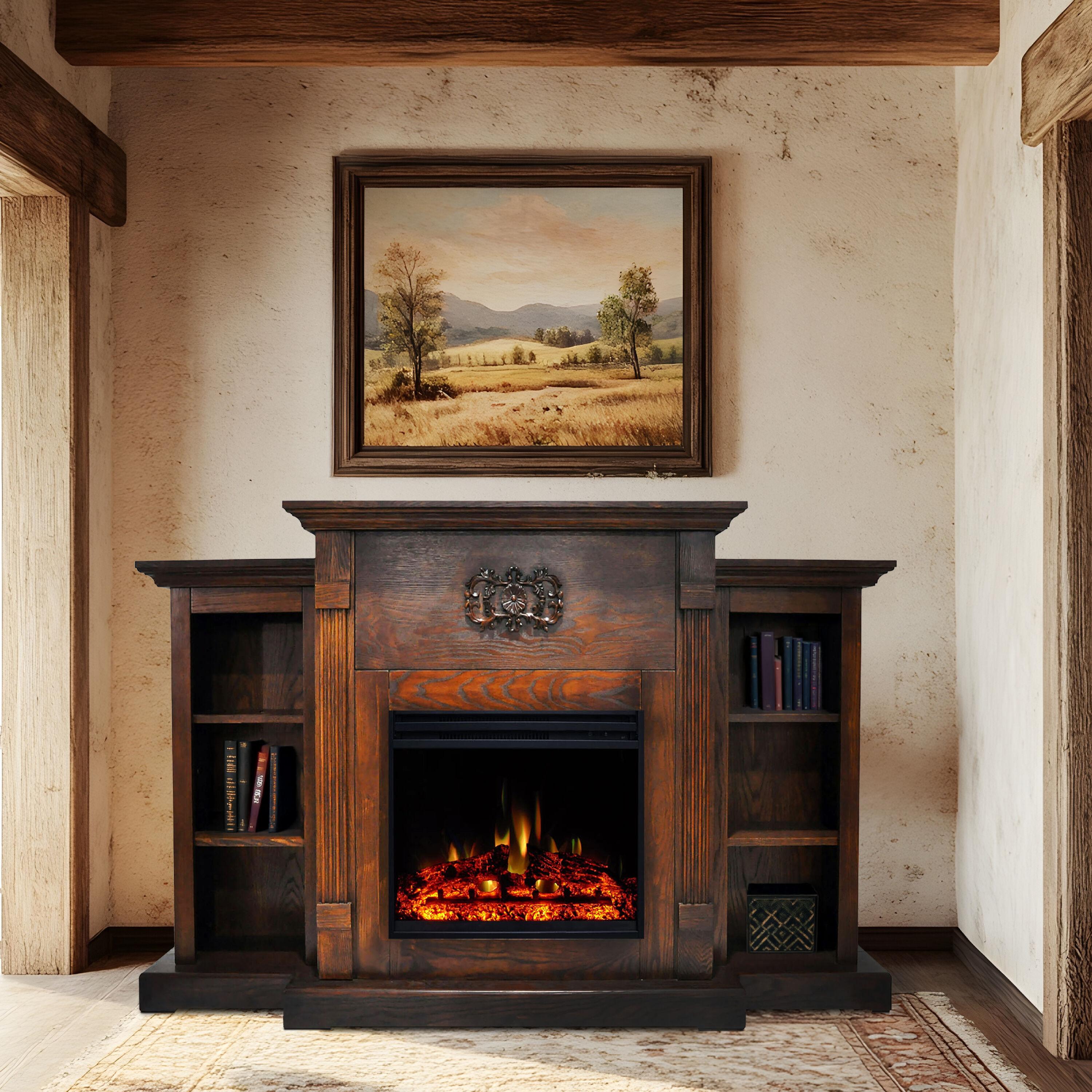 Cambridge 72-in. Walnut Indoor Freestanding Electric Fireplace Mantel with Log Display