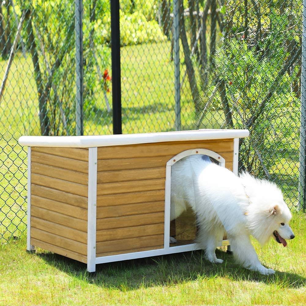 Petsfit Wooden Dog House for Medium to Large Dogs, Yellow and White, large/45.6" x 30.9" x 32.1"