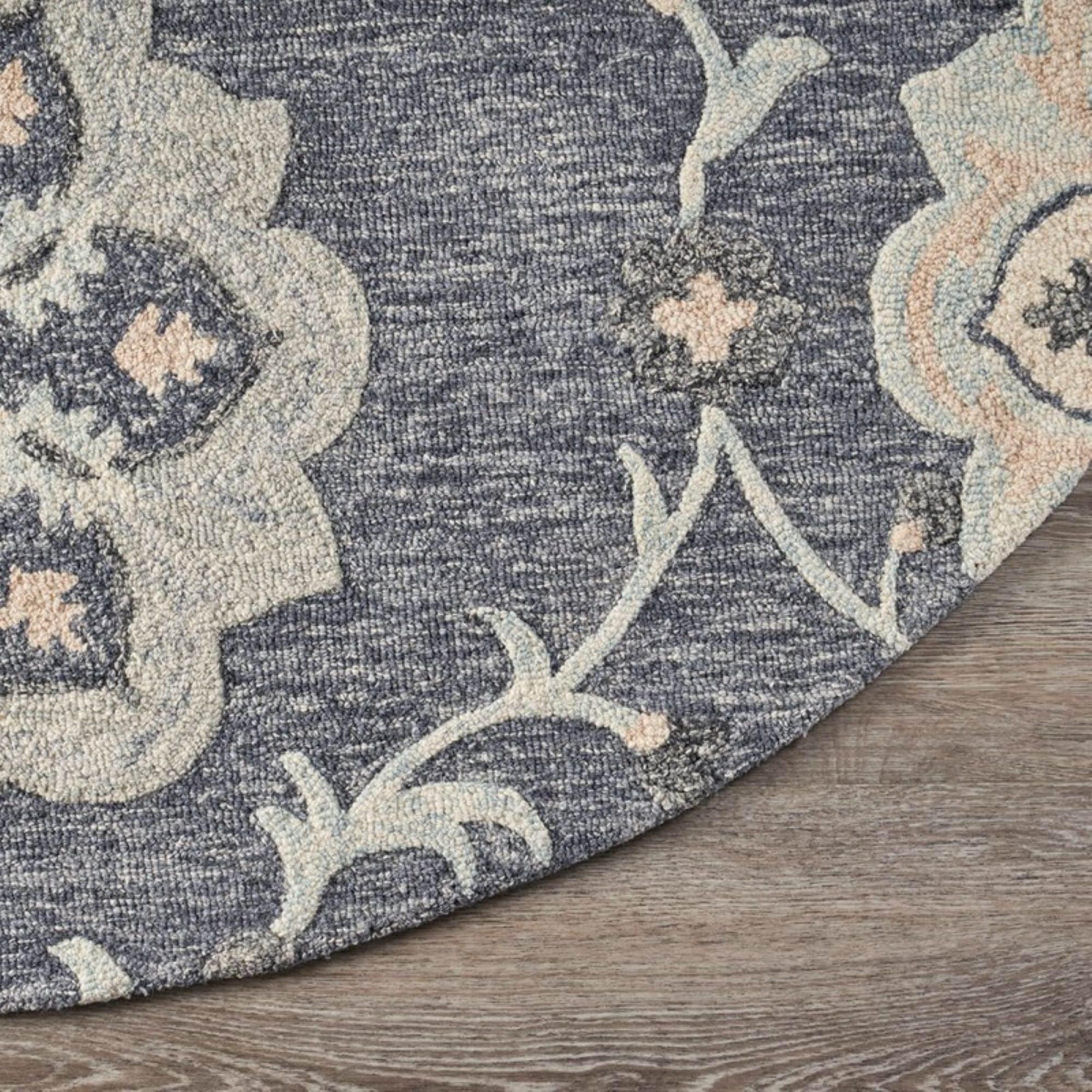 LR Home Aiden 4'10" Round Blue and Gray Floral Wool Indoor Area Rug