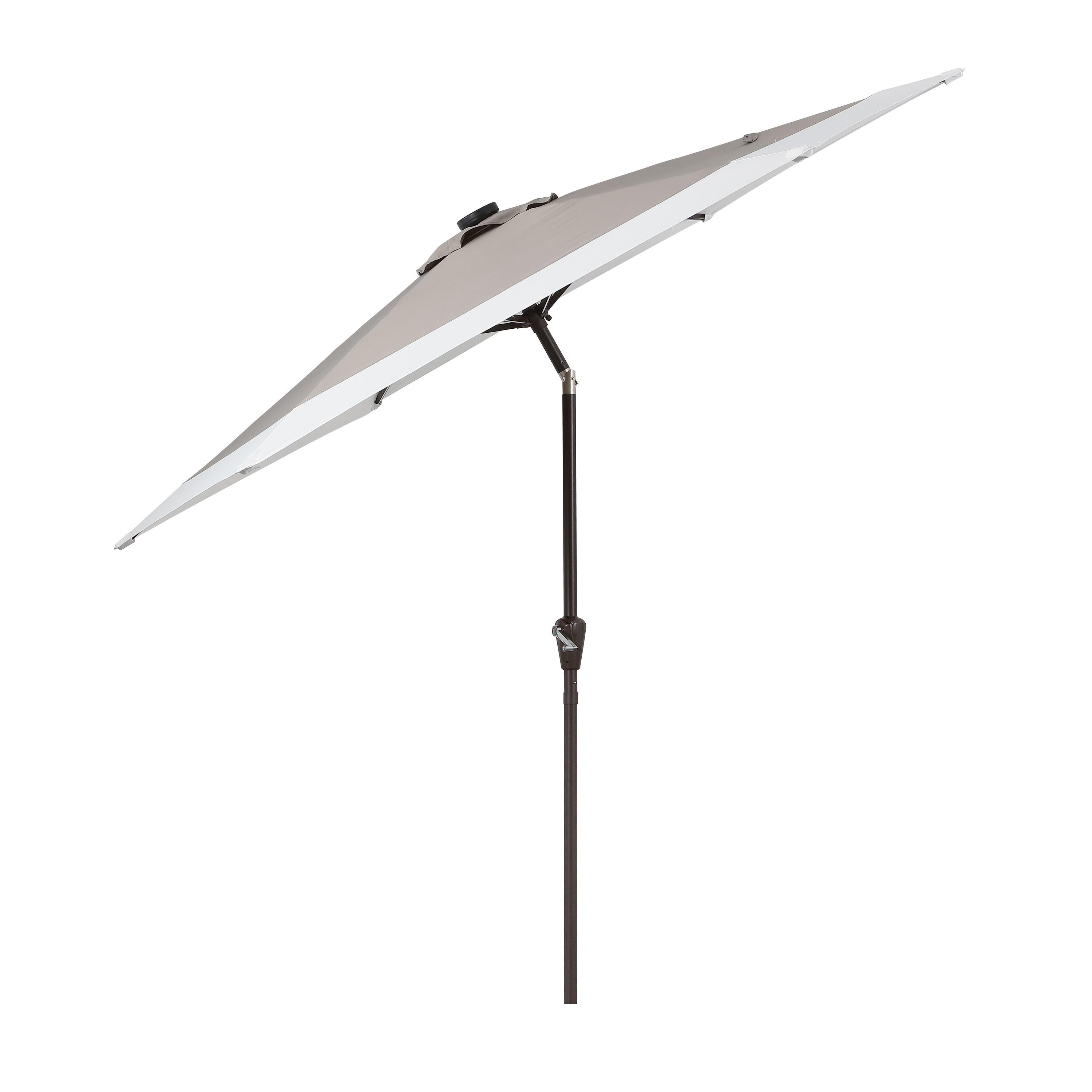 JONATHAN Y Spencer 9 ft. Classic Coastal 2-Tone Solar LED Market Patio Umbrella 12 LED Strip Lights, Auto-Tilt, Crank, UV Protection in Gray/White