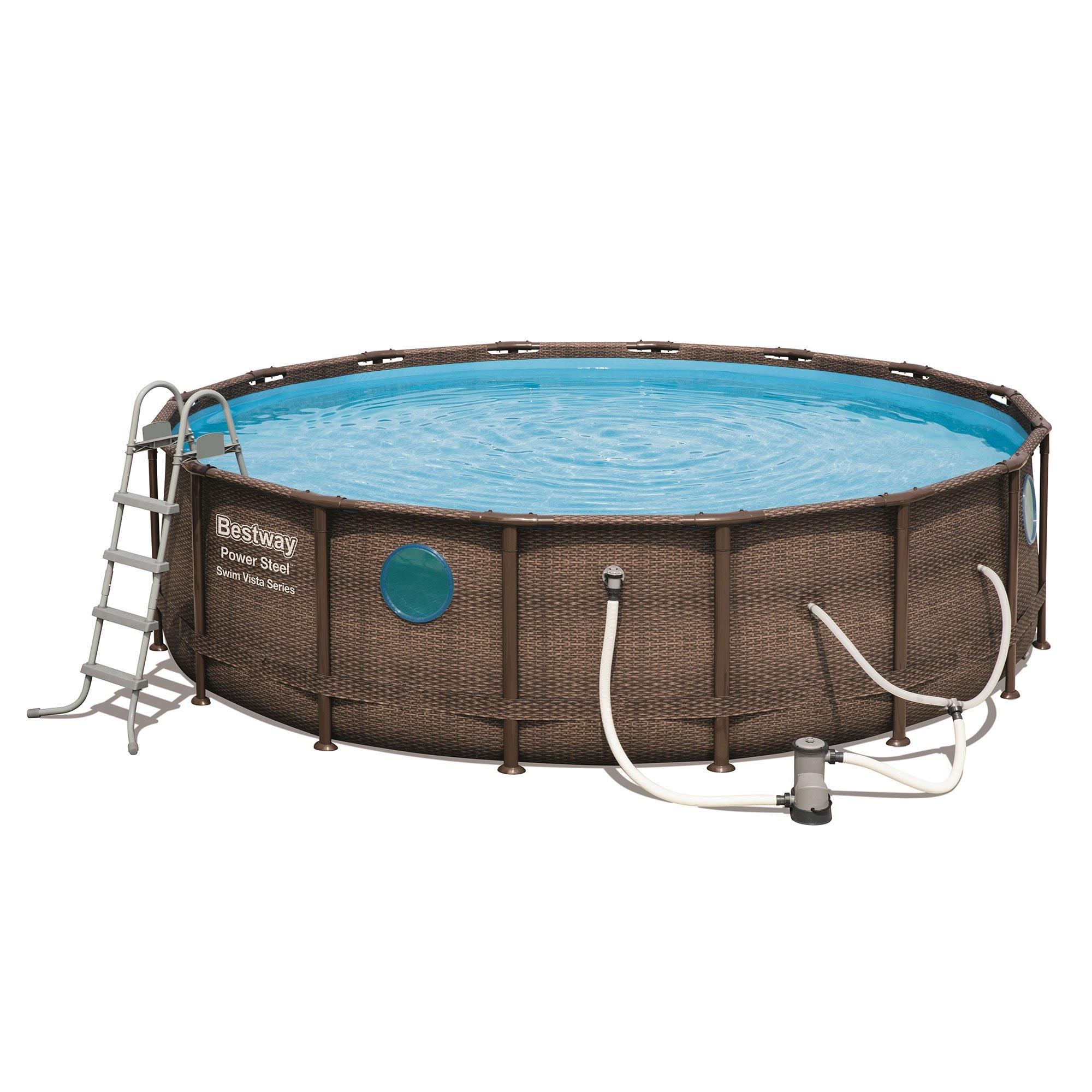 Bestway Power Steel Swim Vista Series II 16' x 48" Round Above Ground Outdoor Swimming Pool Set with Built-in Windows, Filter Pump, Ladder, and Cover