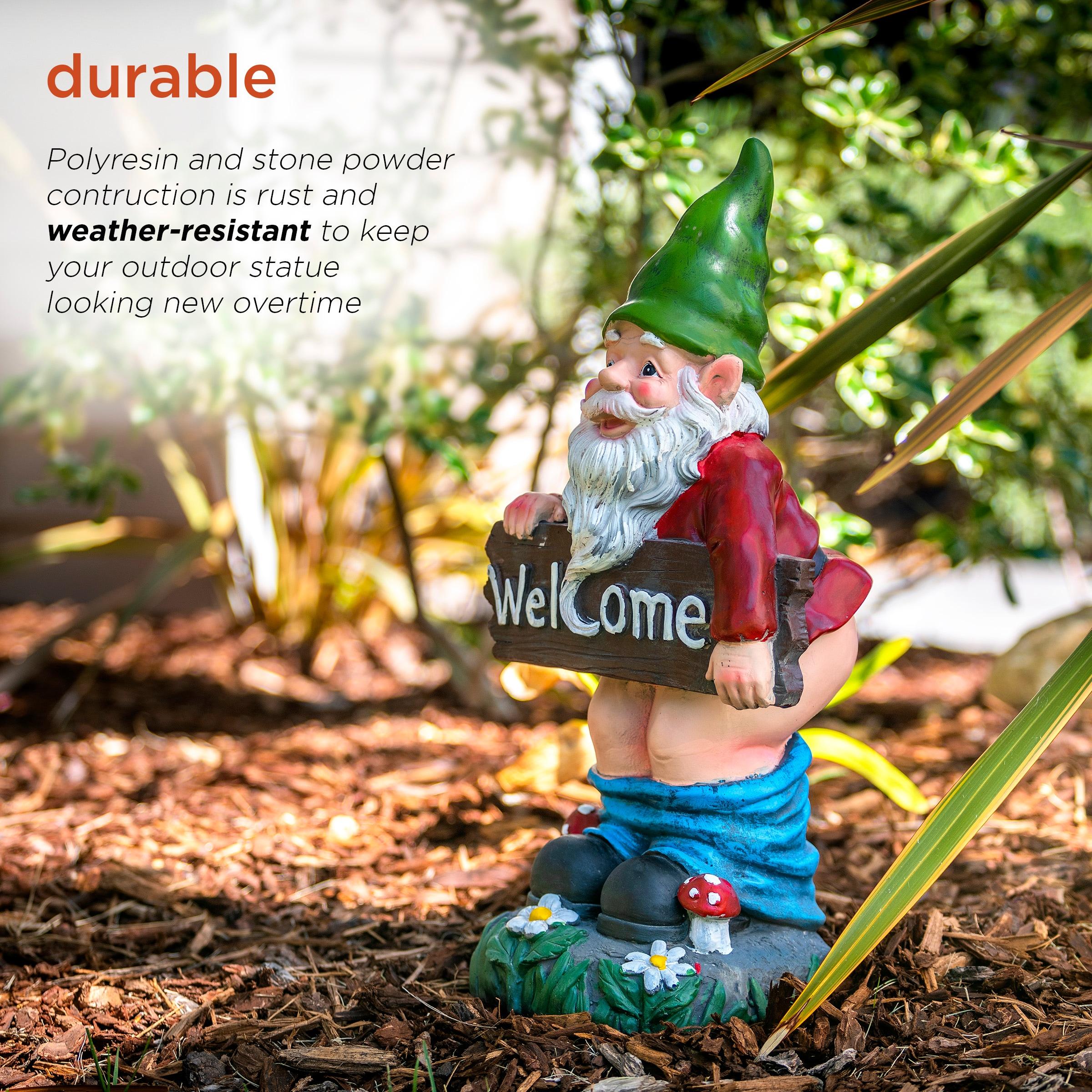 22"H Ceramic Outdoor Sculpture - Alpine Corporation: Garden Gnome with Welcome Sign, Mythical Decor