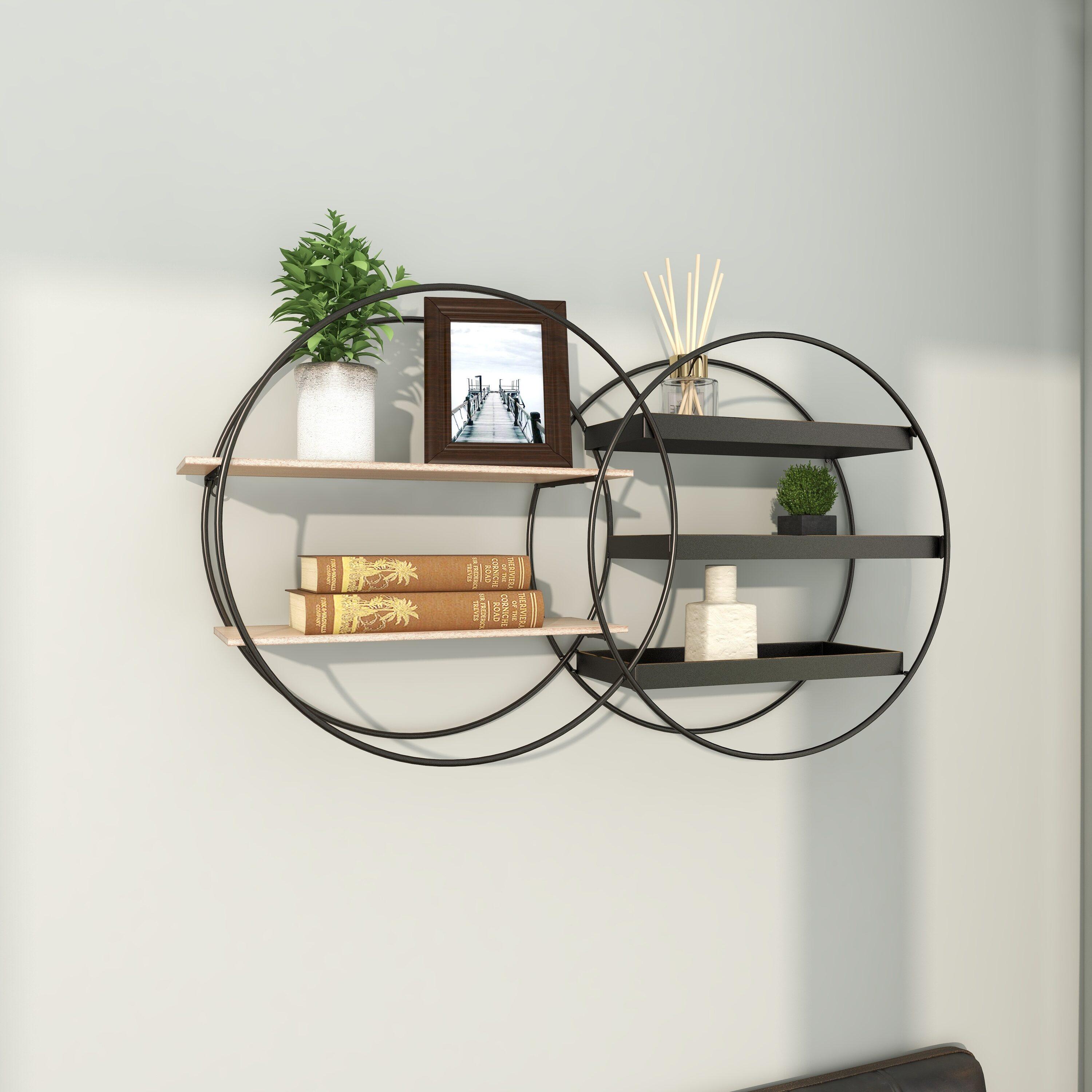 Black Iron and Dark Wood Circular Floating Wall Shelf