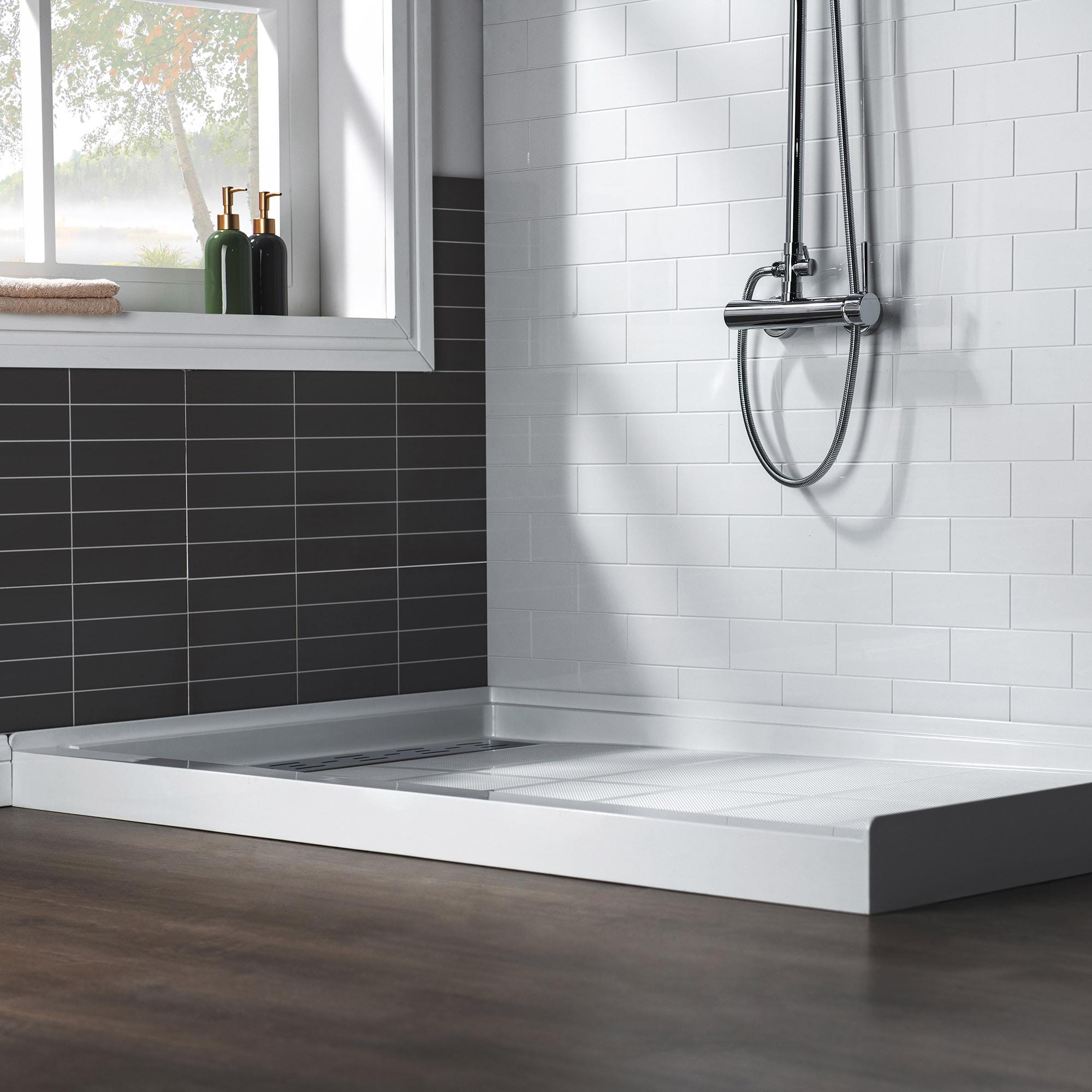 48" W x 36" Solid Surface Single Threshold Shower Pan Base with Drain Assembly & Drain Cover Included, Non-Slip