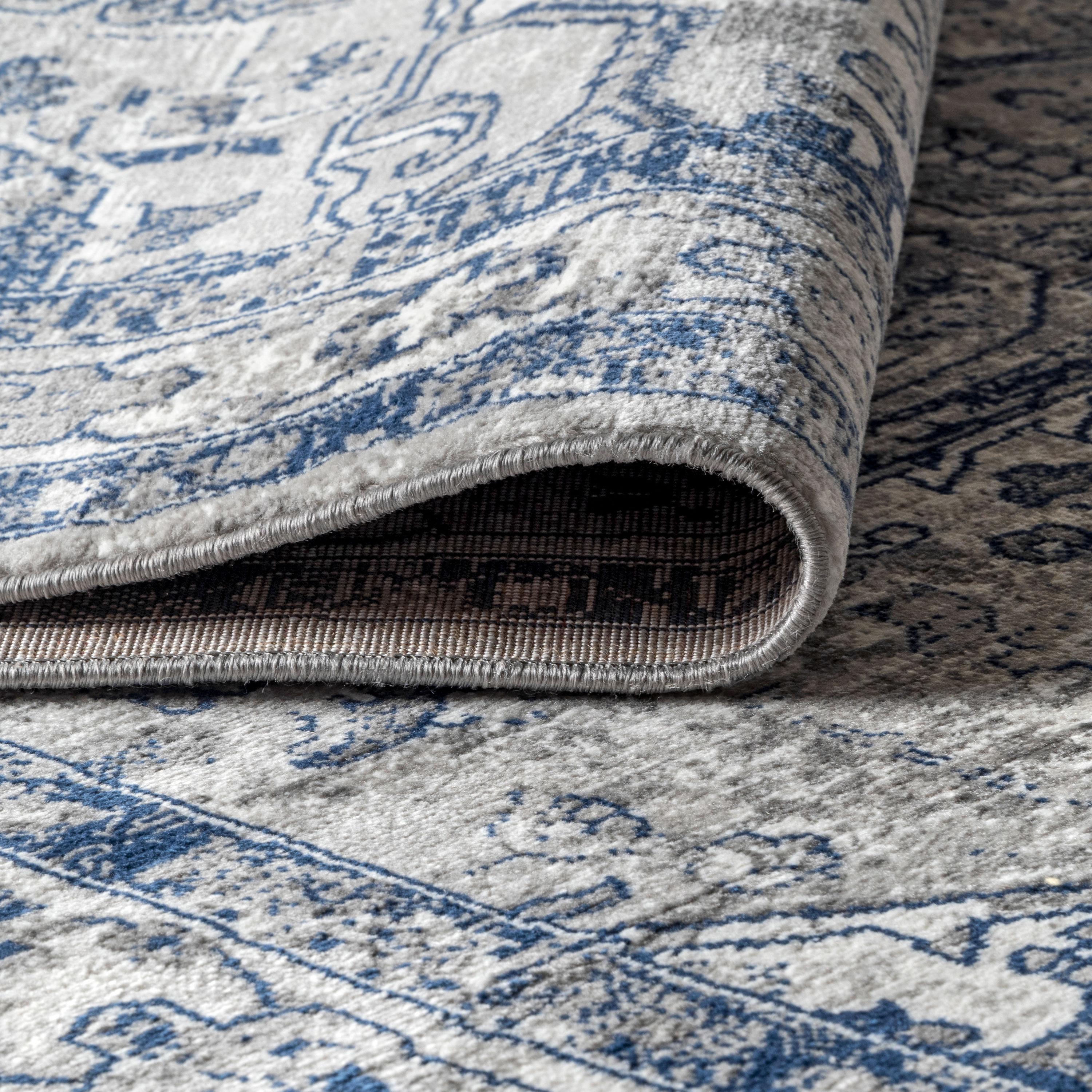2'x8' Modern Persian Vintage Medallion Runner Rug, Light Grey/Navy - JONATHAN Y