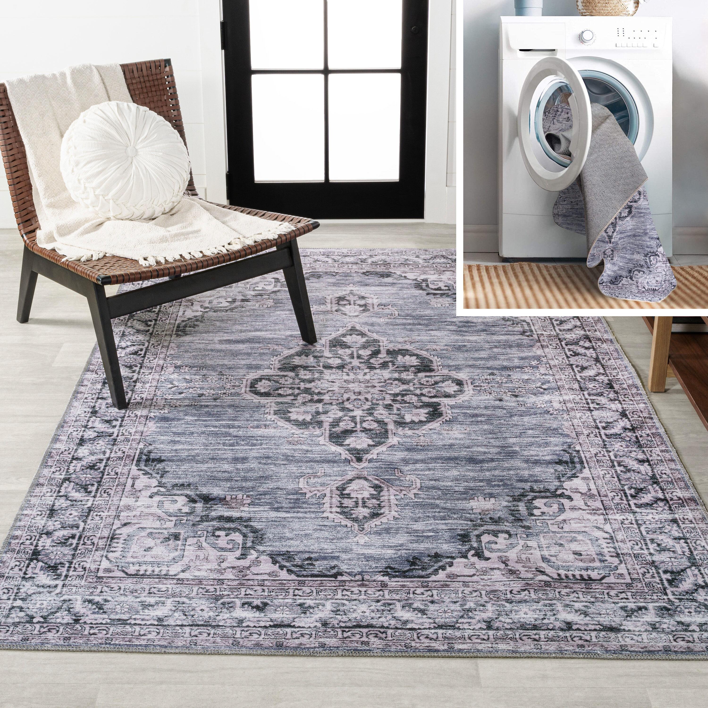 Wincer Chenille Cottage Medallion Machine-Washable Navy/Gray/Black 3 ft. x 5 ft. Area Rug - JONATHAN Y