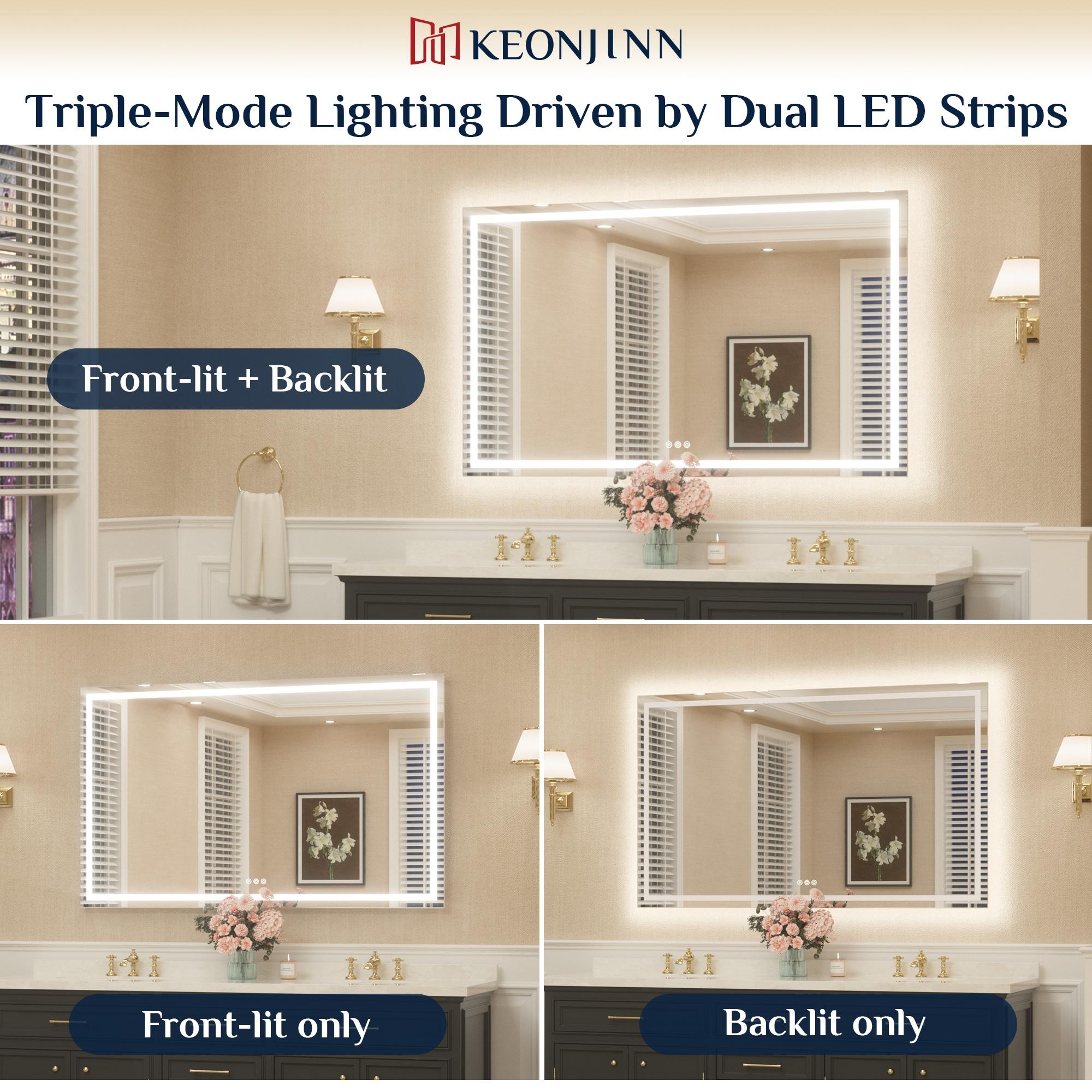 Keonjinn LED Bathroom Vanity Mirror, Front Light & Backlit, 3 Color Temperatures, Anti Fog, Double Lights Strips, 24"x32"