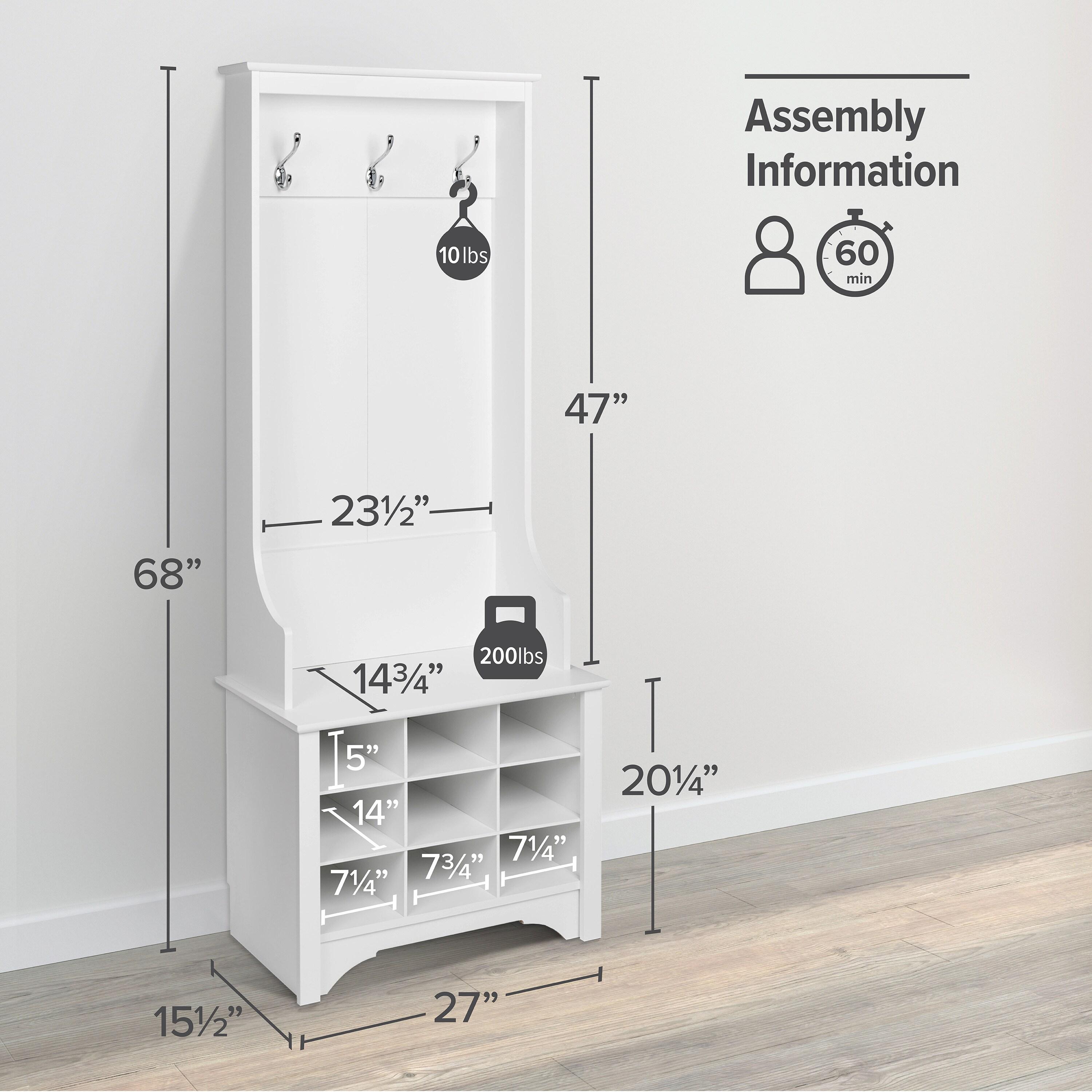 27" Narrow Hall Tree with 9 Shoe Cubbies White - Prepac: Modern Entryway Organizer, Mudroom Storage, Metal Hooks