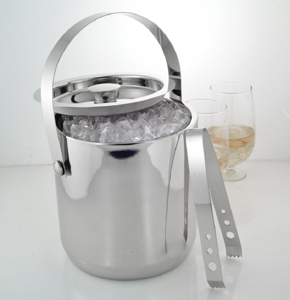 Sol Living 3 Qt. Double Wall Stainless Steel Ice Bucket Includes Tongs and Lid - Plain & Shiny