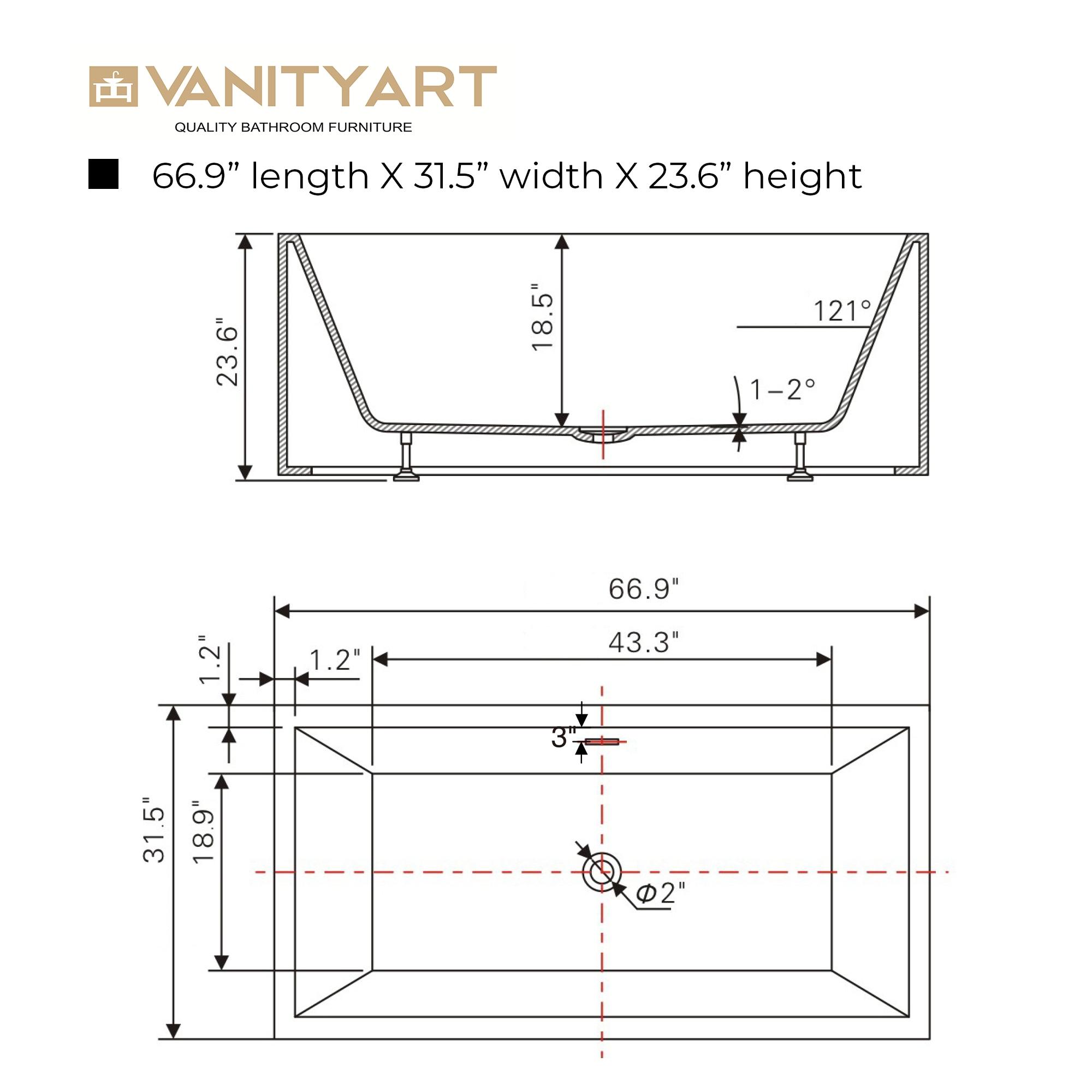 Vanity Art 67" Acrylic Freestanding Soaking Bathtub with Overflow and Pop-up Drain