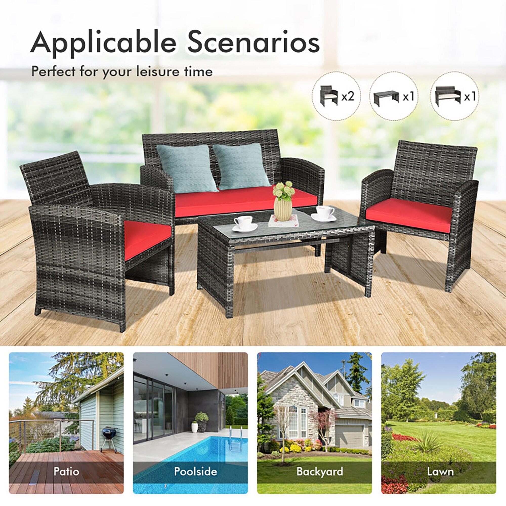 Aimee Lii 4 Pieces Wicker Patio Furniture Set with Cushions, Wicker Outdoor Sectional, Red
