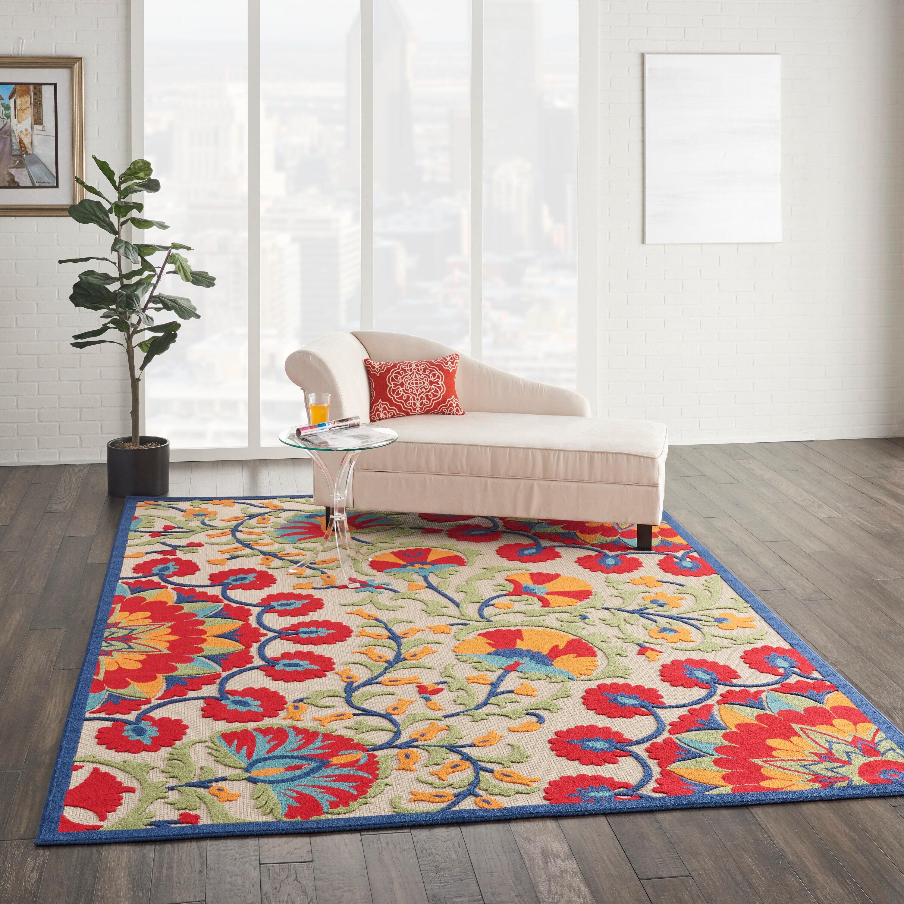 Nourison Aloha Floral Easy Care Flatweave High-Low Indoor Outdoor Area Rug Red/Multi 7' x 10'