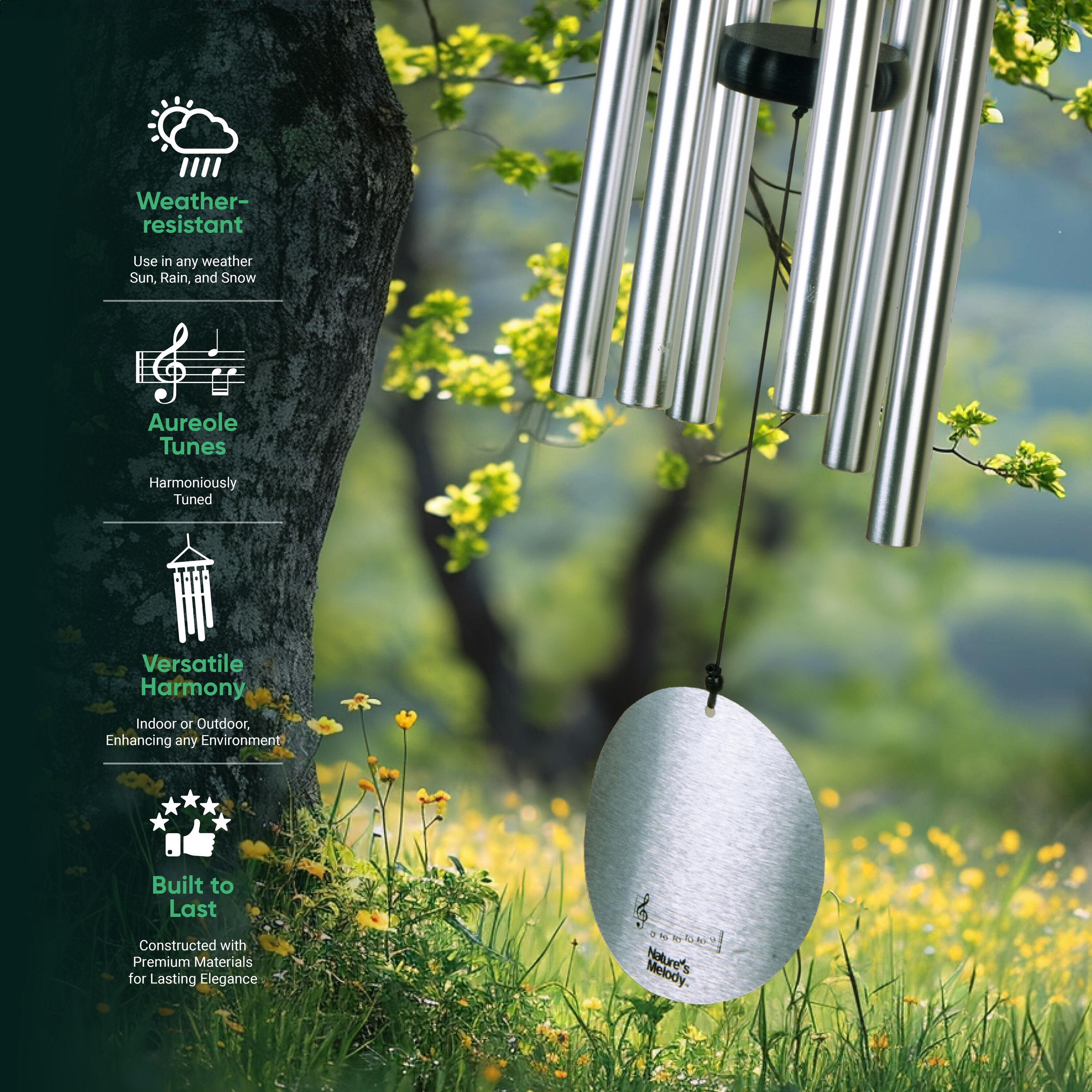 Nature's Melody Aureole Tunes Wind Chimes - 6-Tube Rustproof Aluminum Outdoor Windchime, B Pentatonic Scale - 28" - Silver