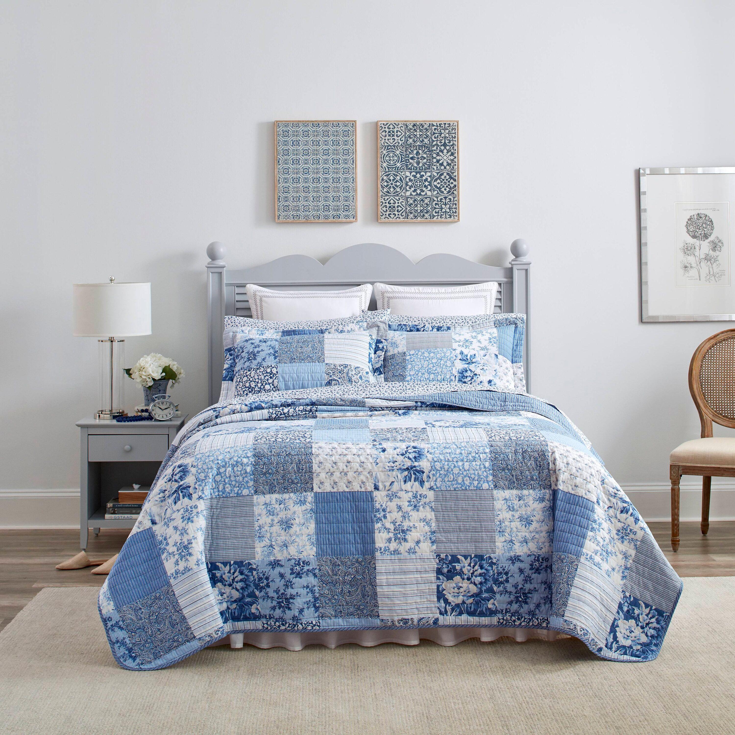 Laura Ashley Laura Ashley Paisley Patchwork Cotton Reversible Blue Quilt Set
