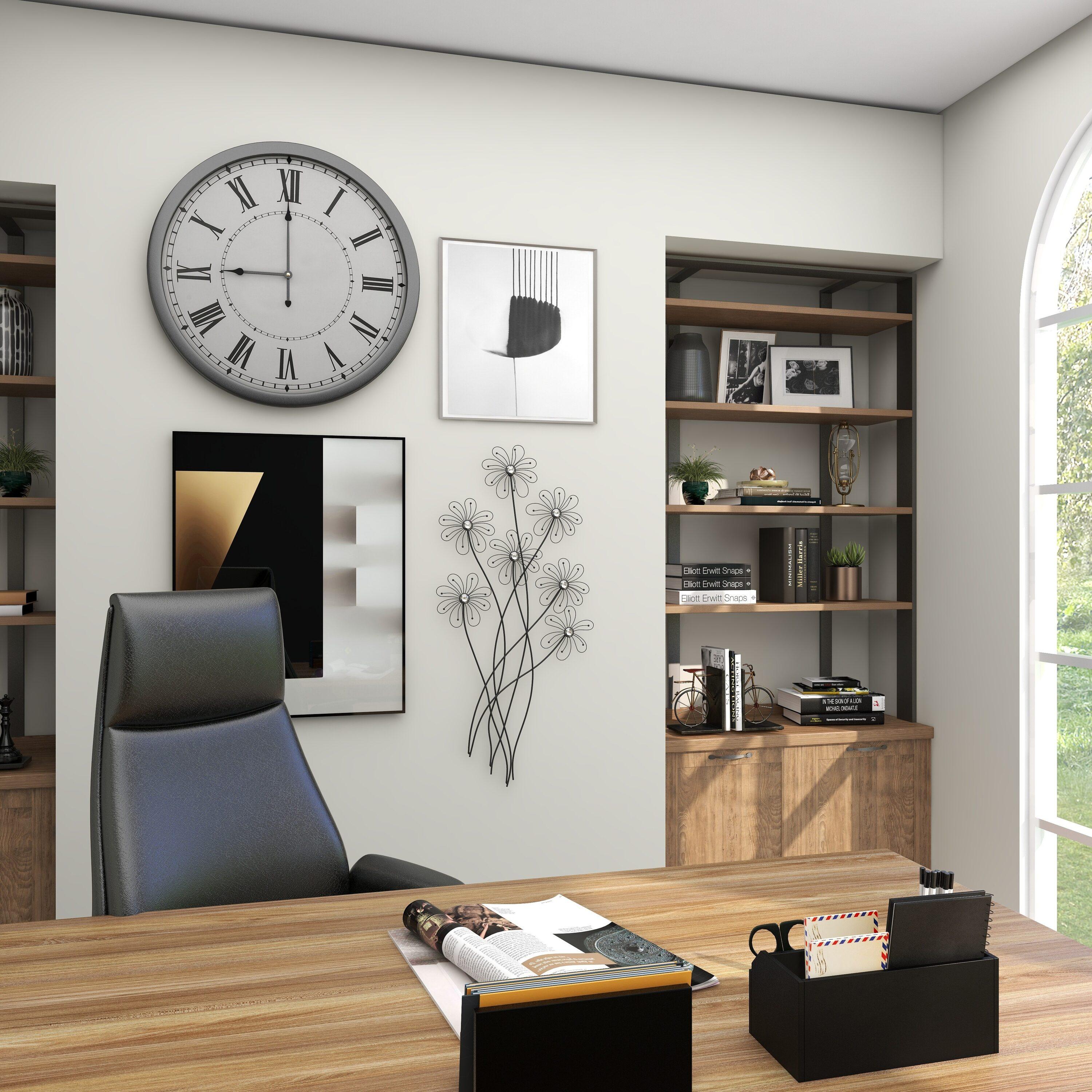 DecMode Black Metal 3D Wire Floral Wall Decor with Crystal Embellishments