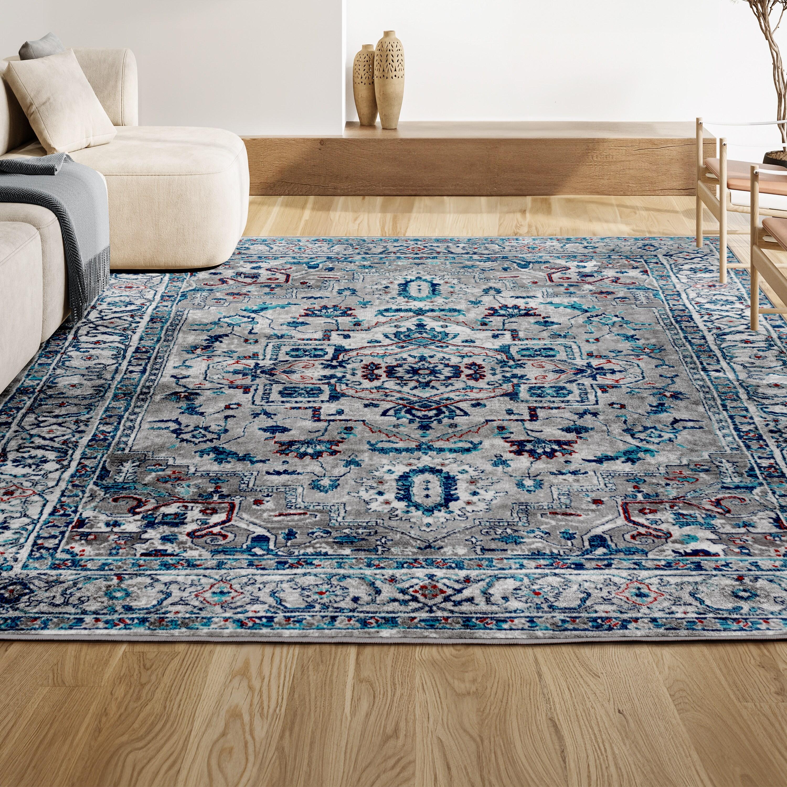4'x6' Modern Persian Vintage Medallion Area Rug, Light Grey/Blue - JONATHAN Y