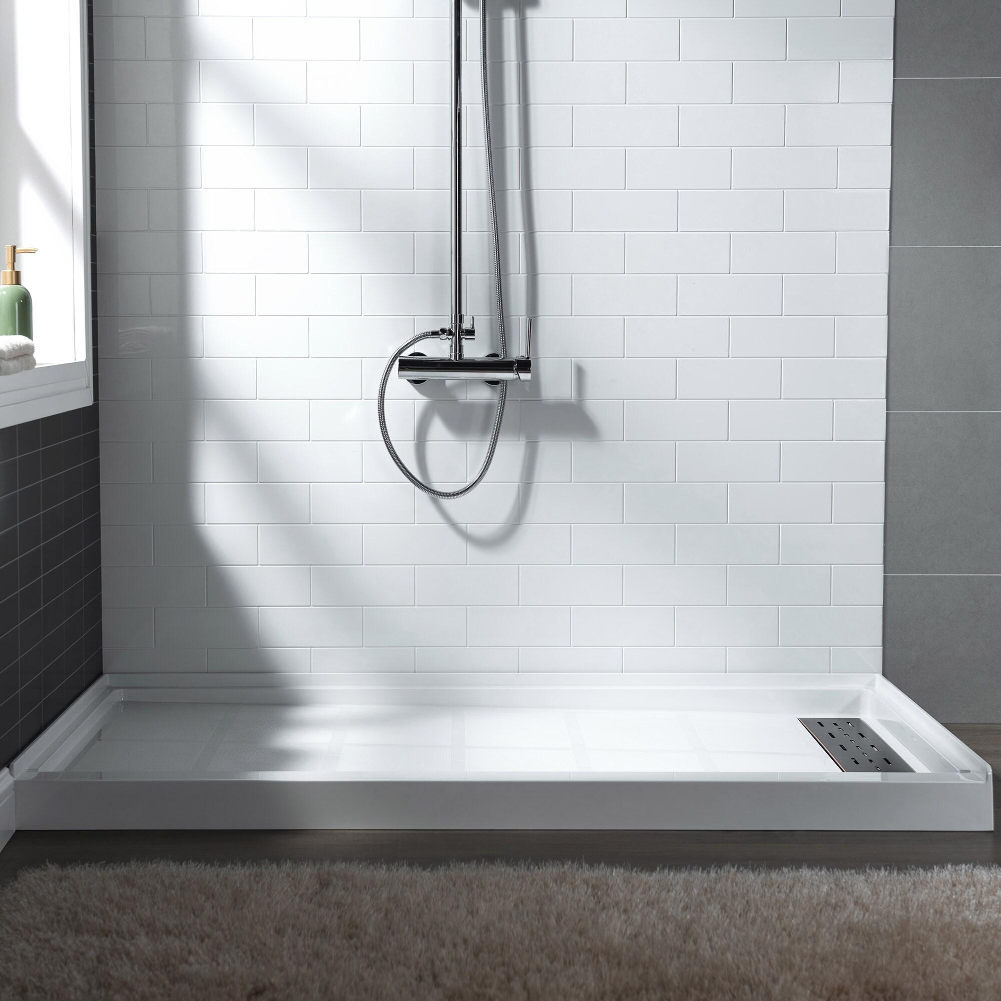 60" x 36" Solid Surface Single Threshold Shower Pan Base with Drain Assembly & Drain Cover Included, Non-Slip