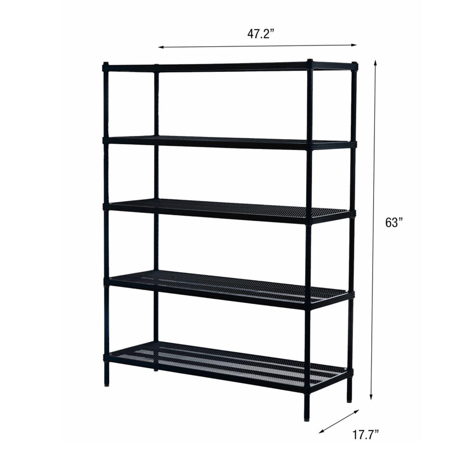 Design Ideas MeshWorks 5 Tier Full-Size Metal Storage Shelving Unit Rack for Kitchen, Office, and Garage Organization, 47.2” x 17.7” x 63,” Black