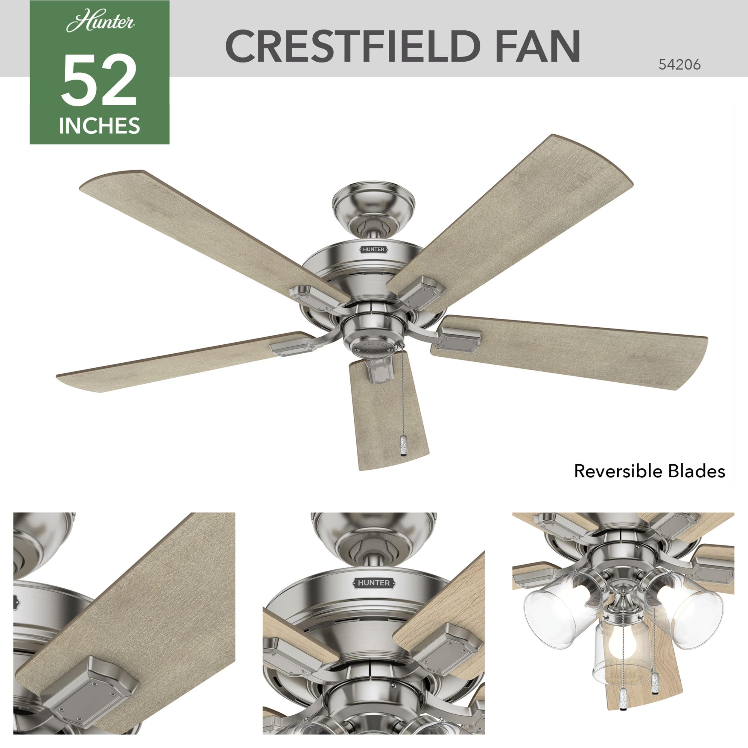 Hunter Fan 52" Crestfield Ceiling Fan (Includes LED Light Bulb) Nickel: 5-Blade, 3-Speed, Reversible Motor, Glass Shades