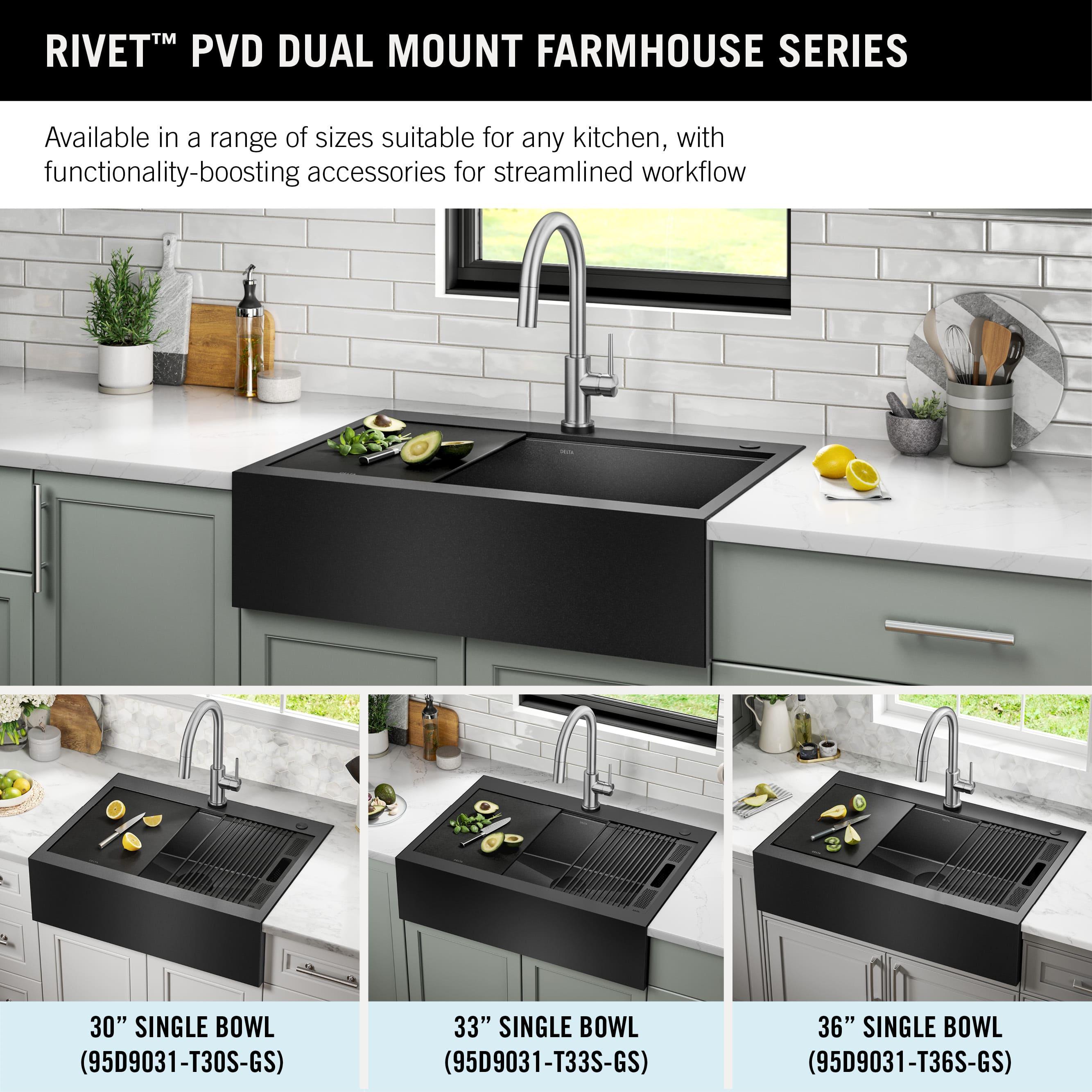 Delta Rivet™ Black Stainless Steel Retrofit Farmhouse Apron Front 16 Gauge Workstation Kitchen Sink Single Bowl