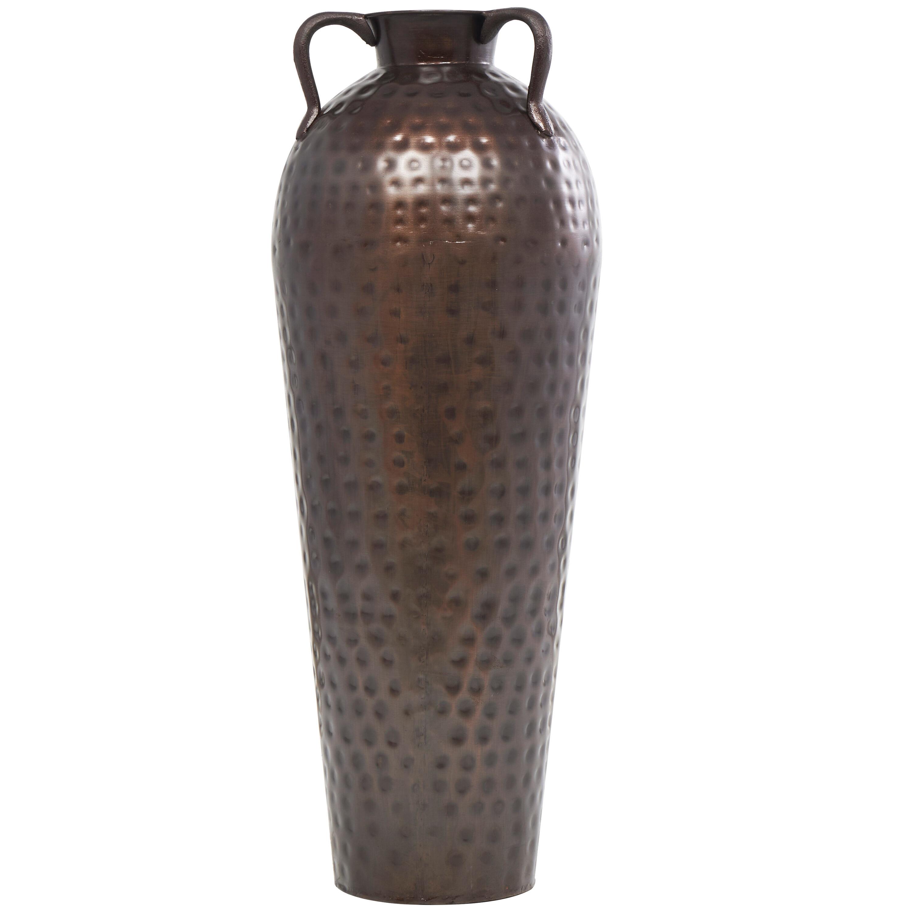 DecMode 28" Tall Floor Mediterranean Style Brown Metal Vase with Hammered Details and Handles