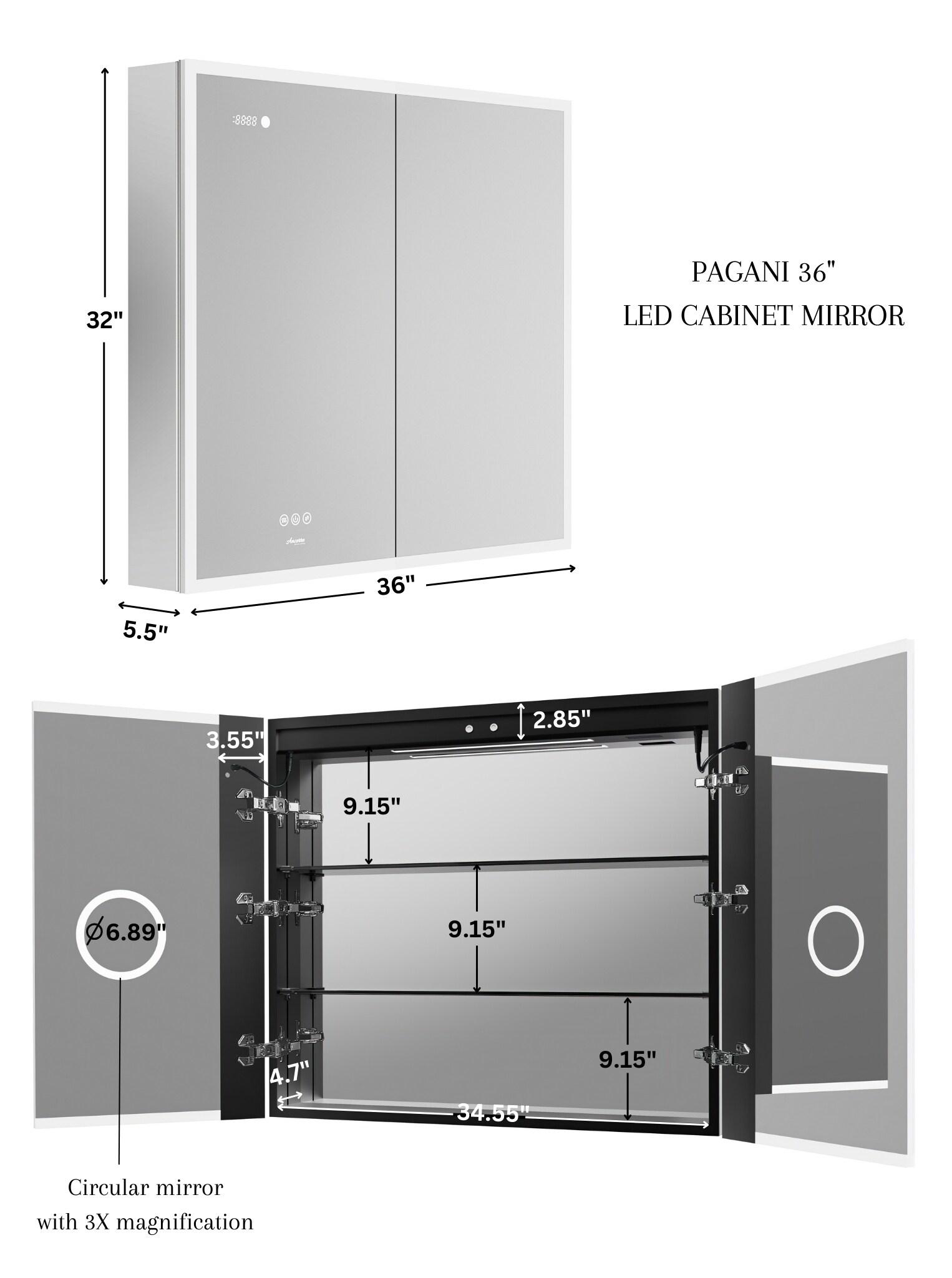 Ancerre Designs Pagani LED Mirror Medicine Cabinet With Defogger, Dimmer, Magnifier & USB Outlet
