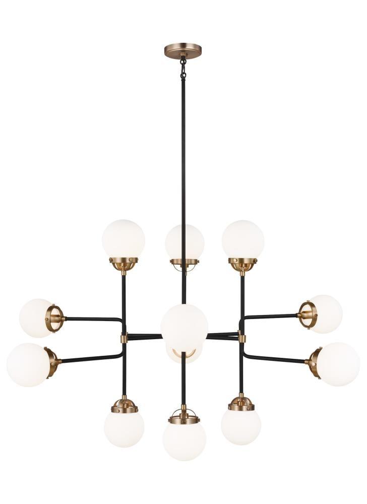 Cafe 12-Light Satin Brass Industrial Hanging Chandelier with Etched/White Inside Glass Shades