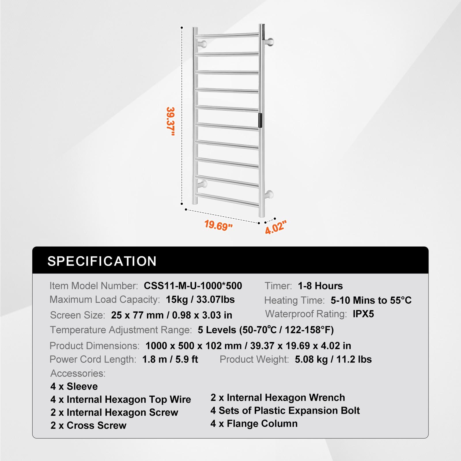VEVOR 10 Bars Towel Warmer Rack, Wall Mounted Heated Towel Rack for Bathroom, IPX5 Waterpoof Towel Heater Rack with Timer & Display Screen, Silver