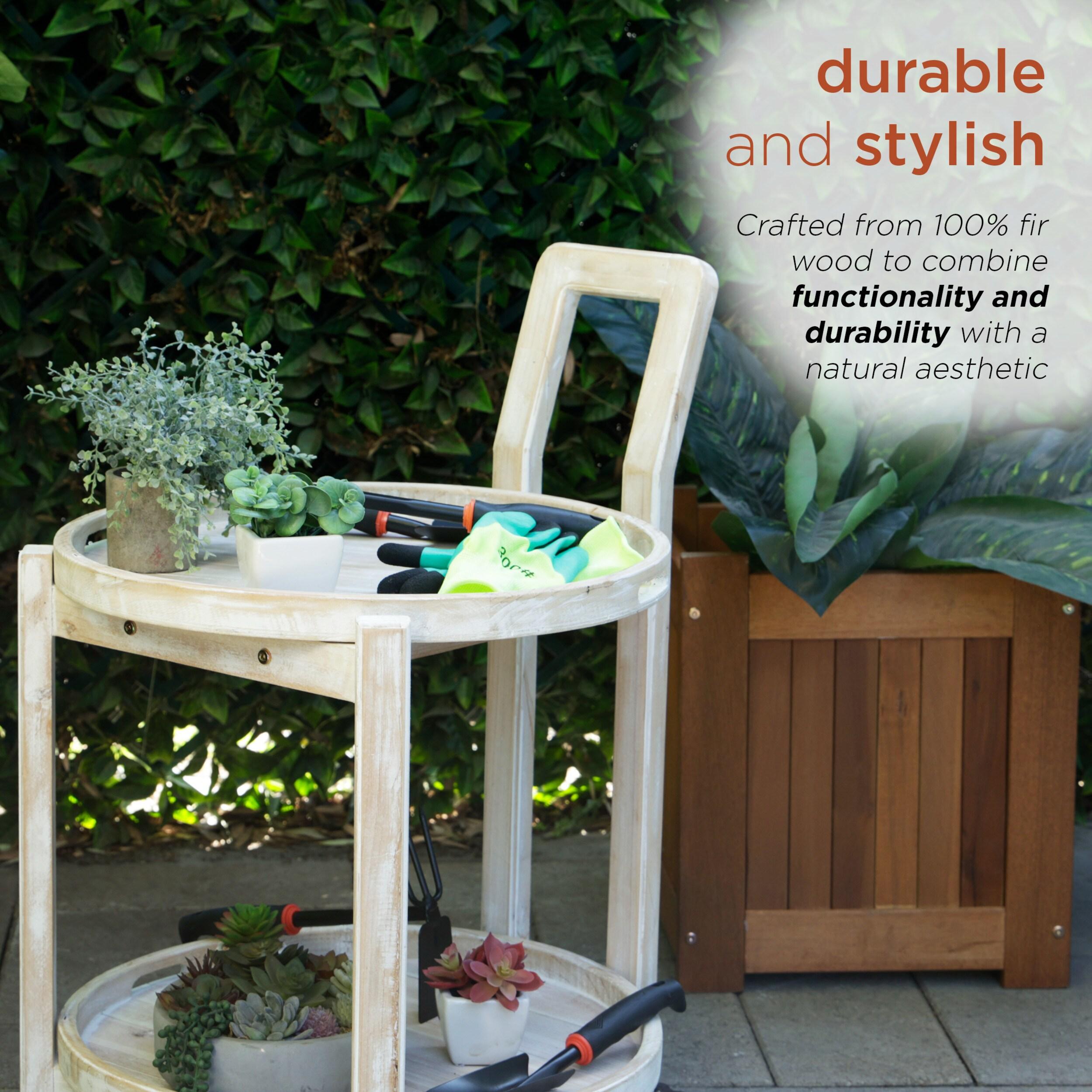 Alpine Corporation MBB172 Wood 2-Tier Rolling Storage Cart for Books, Plants, Decor, Rustic Storage Push Cart with 2 Shelves