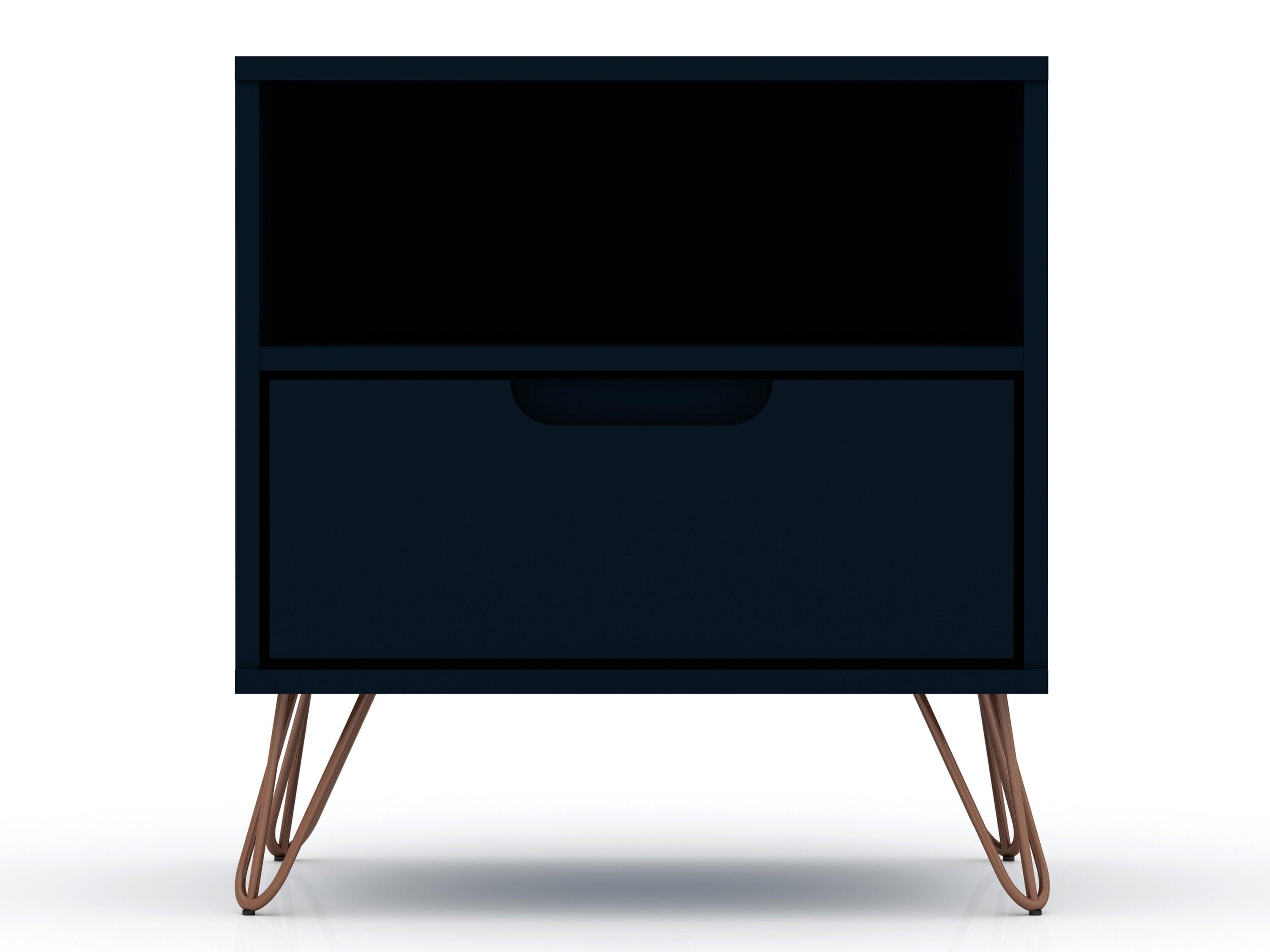 Manhattan Comfort 1.0 Rockefeller Nightstand Blue: Modern Bedside Table with Storage, Shelving & Metal Glides